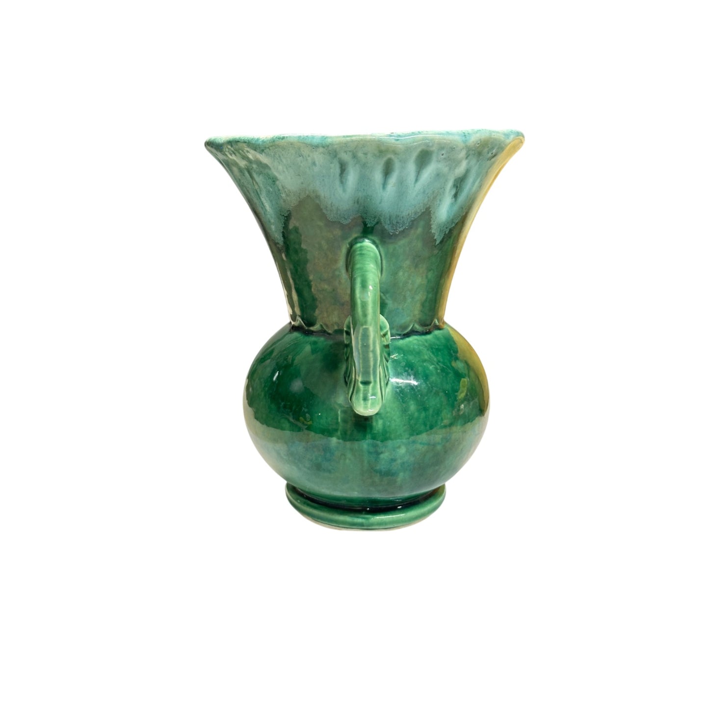 Vintage Camark Art Deco Dolphin Handle Vase in Emerald Green Drip Glaze