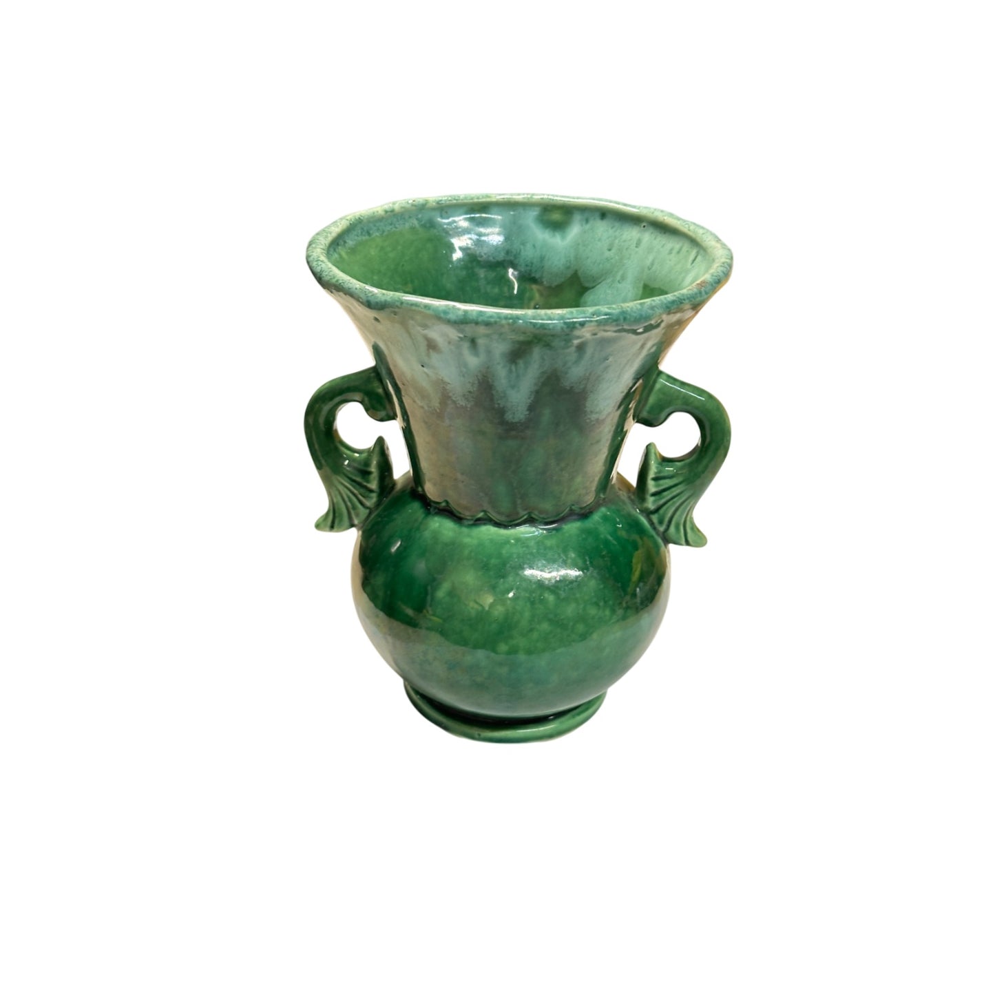 Vintage Camark Art Deco Dolphin Handle Vase in Emerald Green Drip Glaze