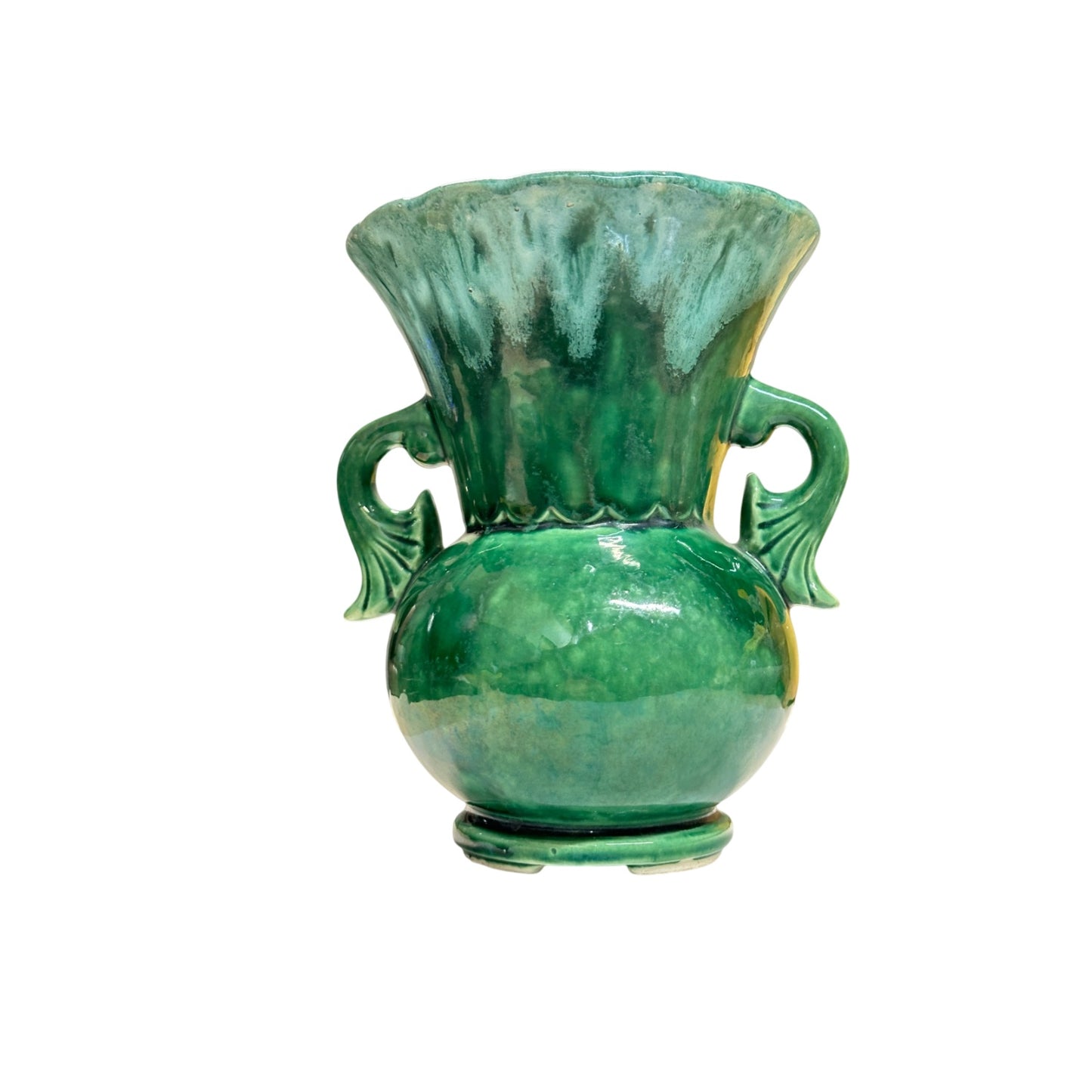 Vintage Camark Art Deco Dolphin Handle Vase in Emerald Green Drip Glaze