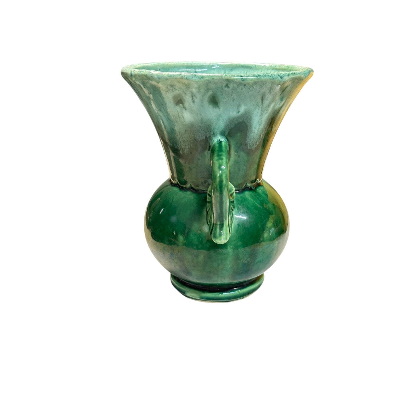 Vintage Camark Art Deco Dolphin Handle Vase in Emerald Green Drip Glaze