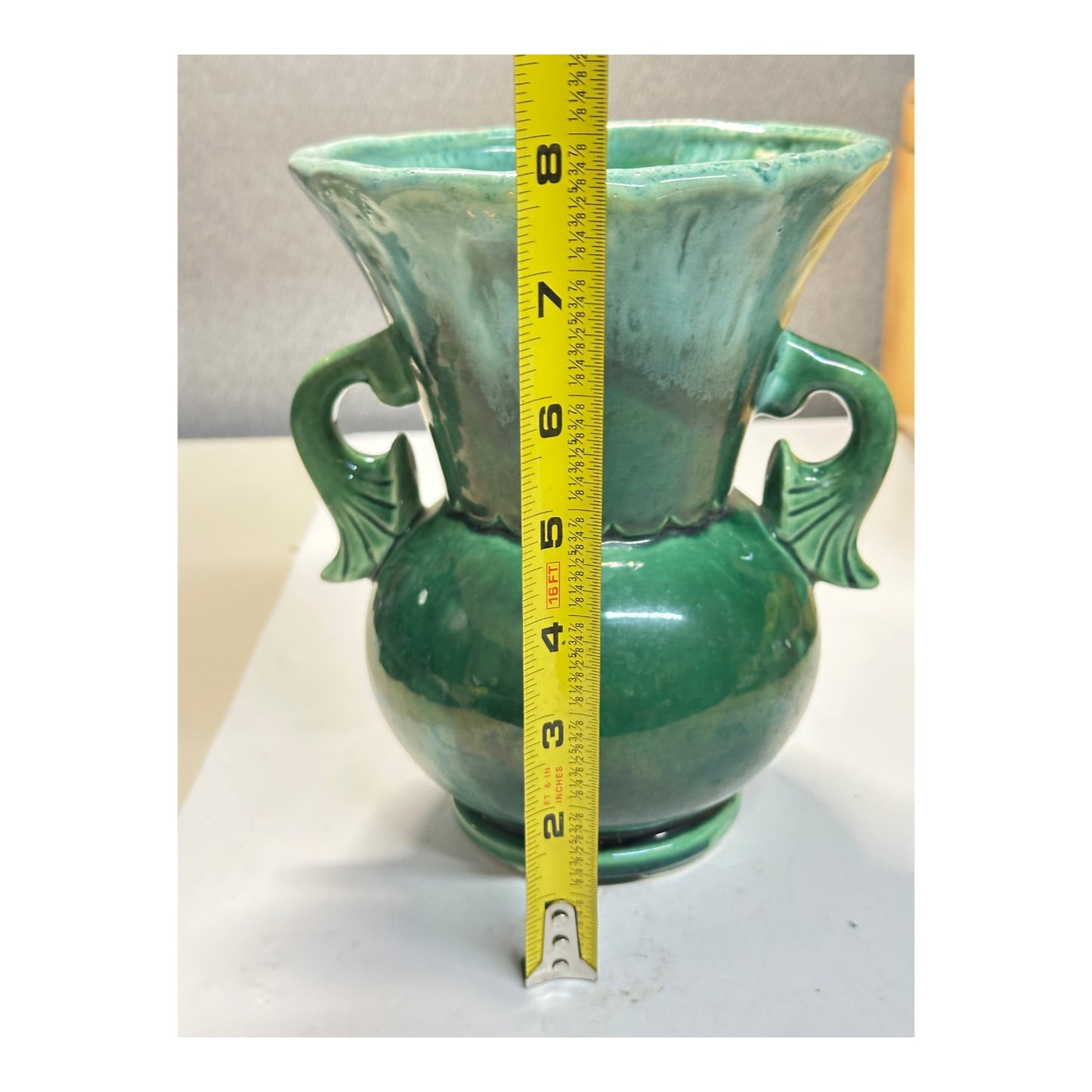 Vintage Camark Art Deco Dolphin Handle Vase in Emerald Green Drip Glaze