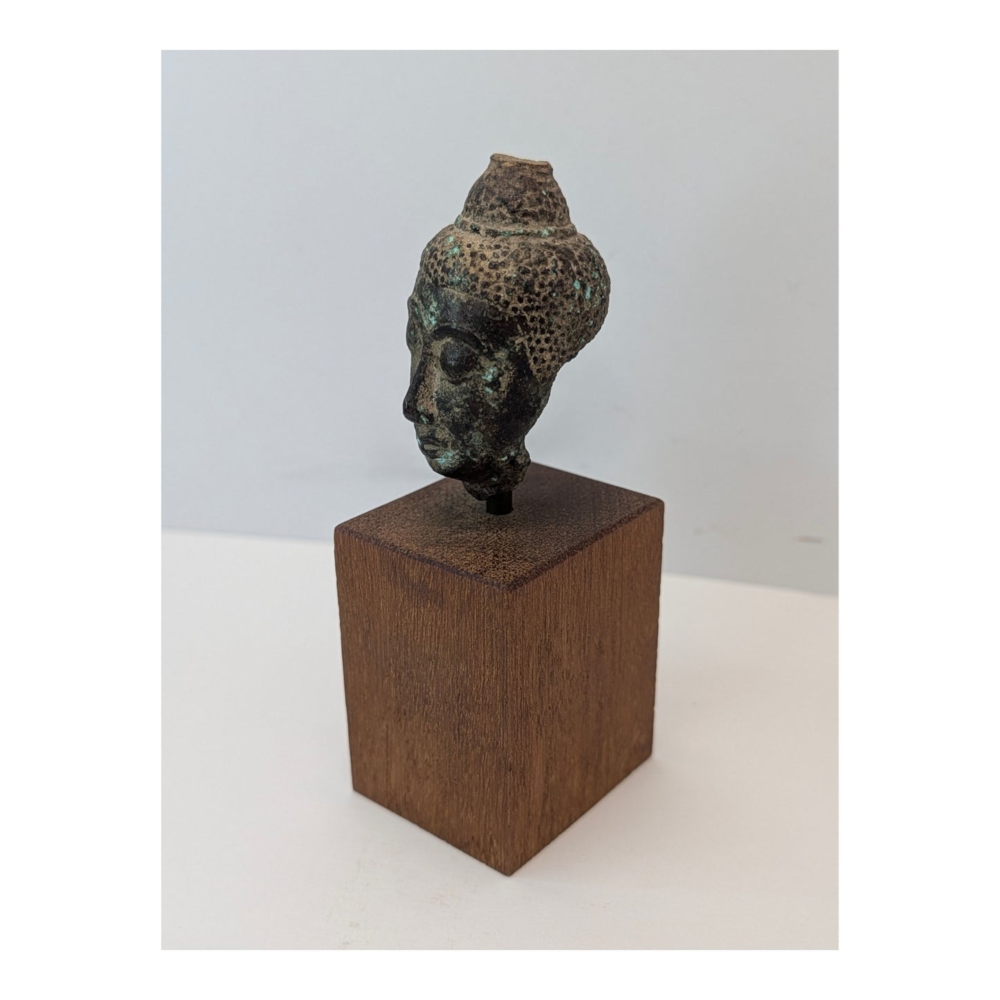 Antique Southeast Asian Bronze Buddha Head Fragment on Custom Mount