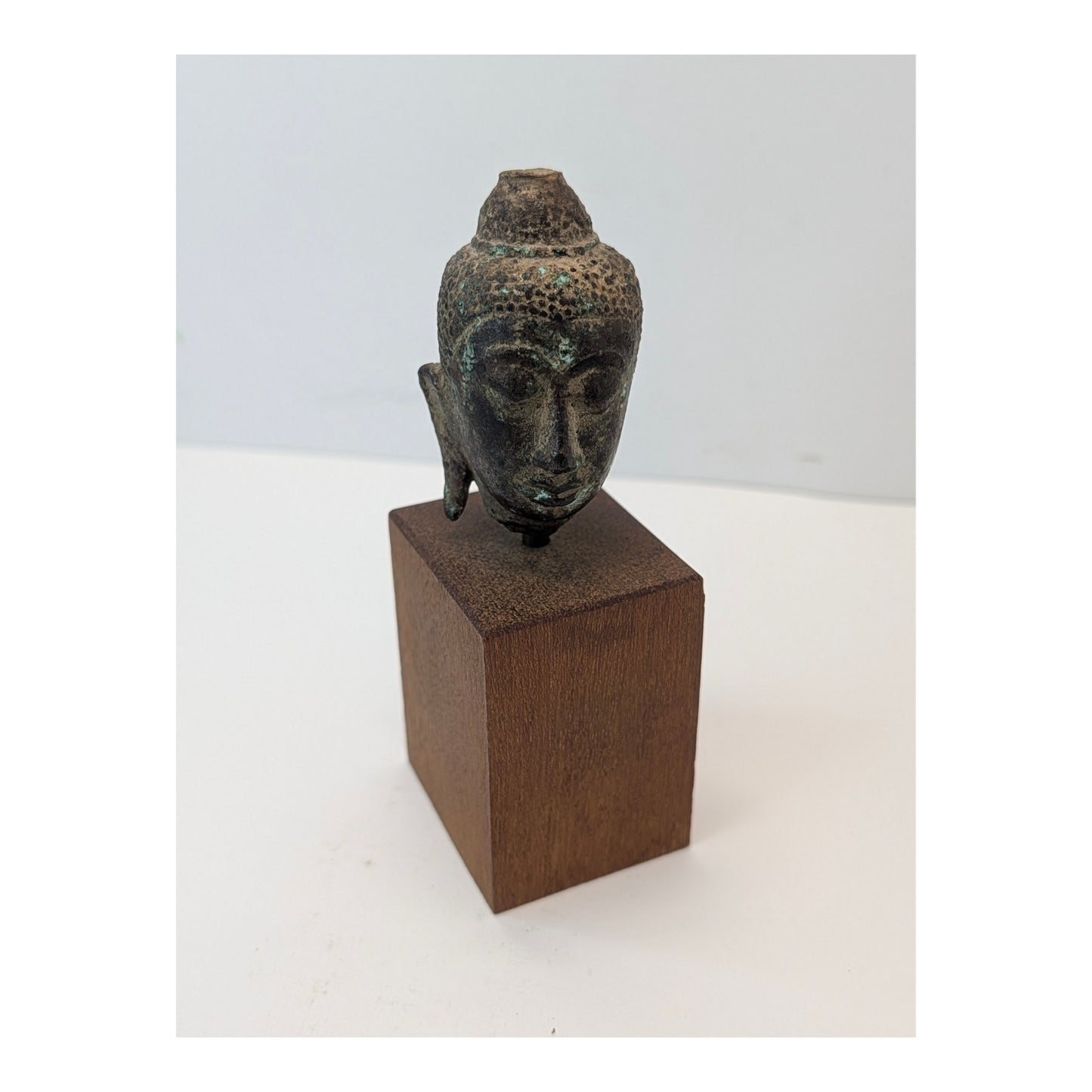 Antique Southeast Asian Bronze Buddha Head Fragment on Custom Mount