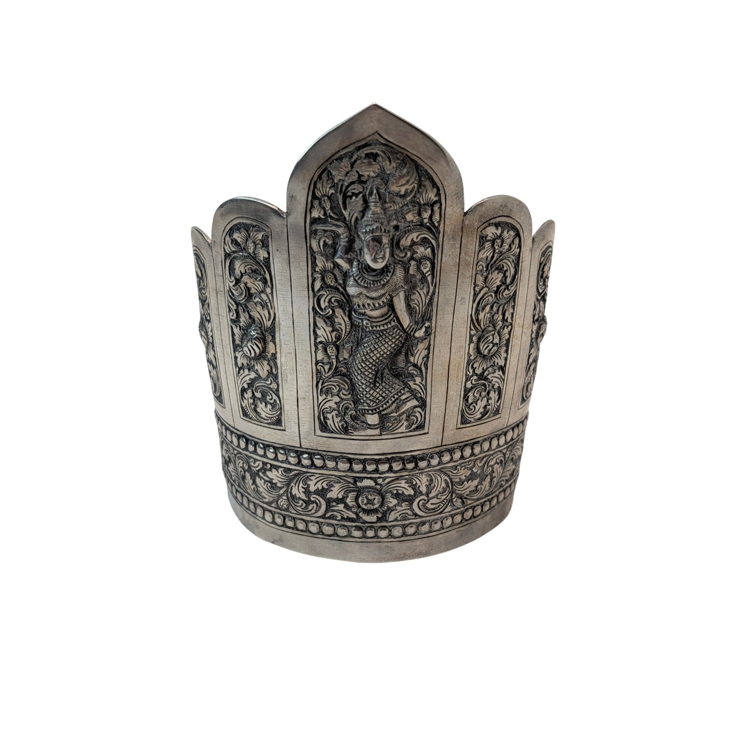 Antique Thai Repoussé Silver Apsara Statement Cuff Bracelet