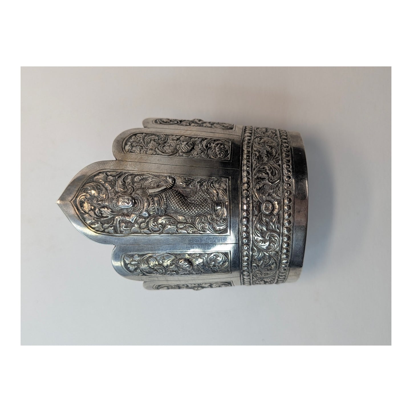 Antique Thai Repoussé Silver Apsara Statement Cuff Bracelet