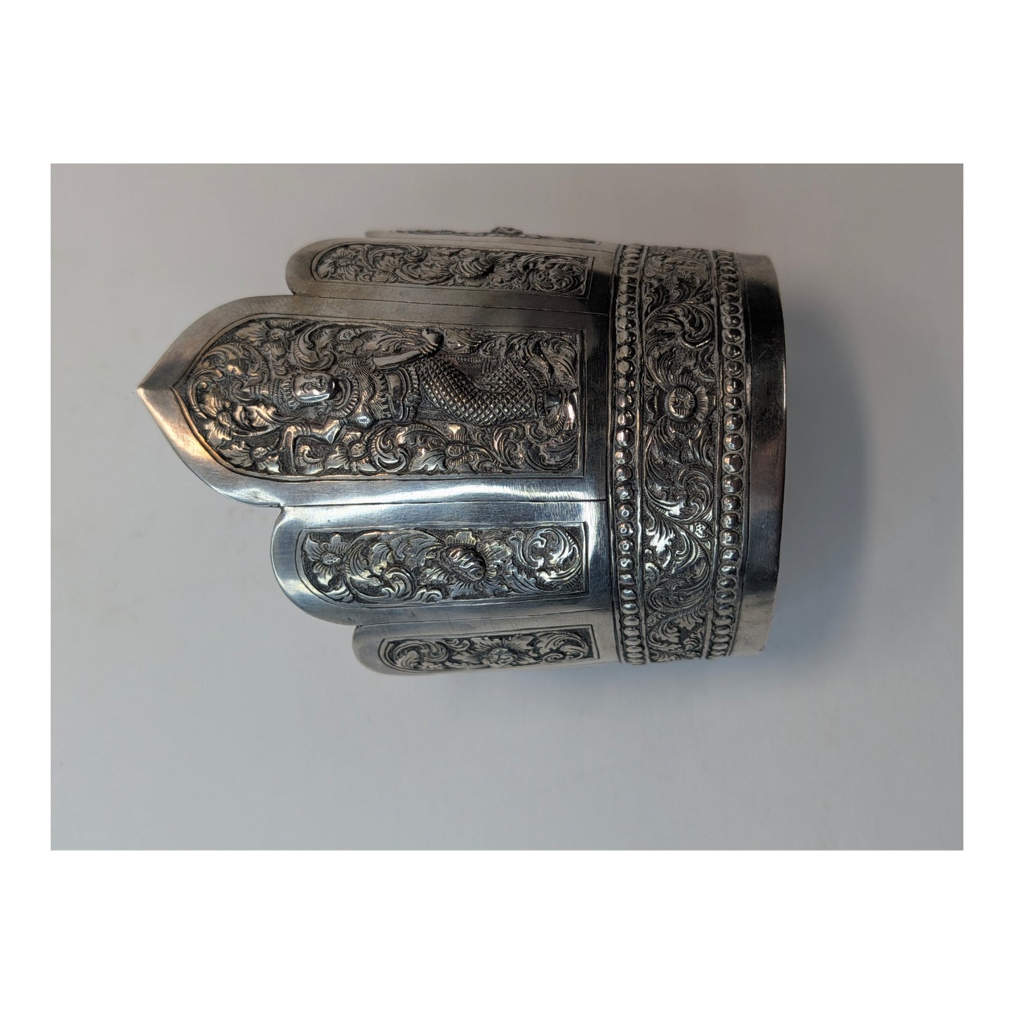 Antique Thai Repoussé Silver Apsara Statement Cuff Bracelet