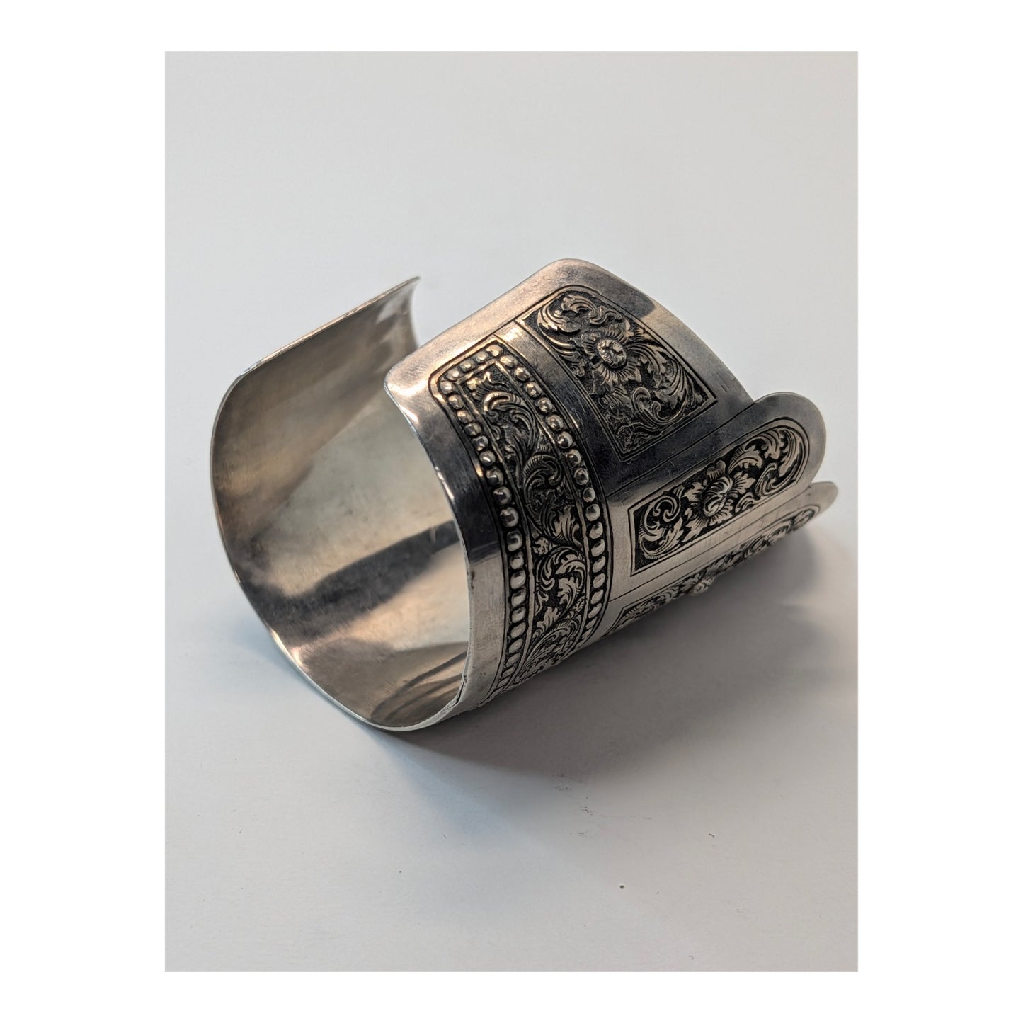 Antique Thai Repoussé Silver Apsara Statement Cuff Bracelet