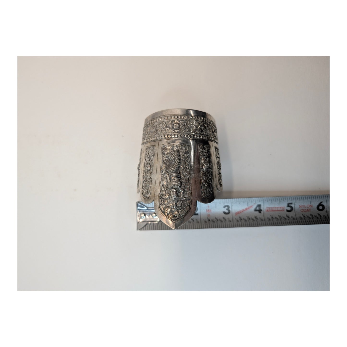 Antique Thai Repoussé Silver Apsara Statement Cuff Bracelet