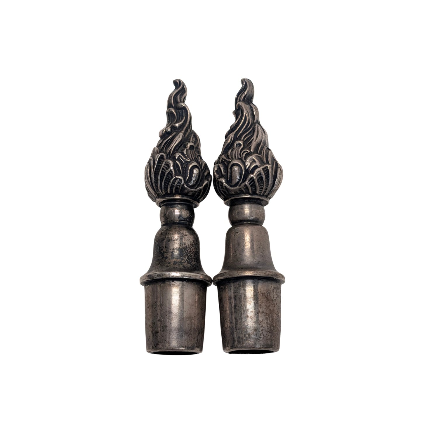 Vintage Hollywood Regency Flame Torch Lamp Finials, Silvered Metal Pair