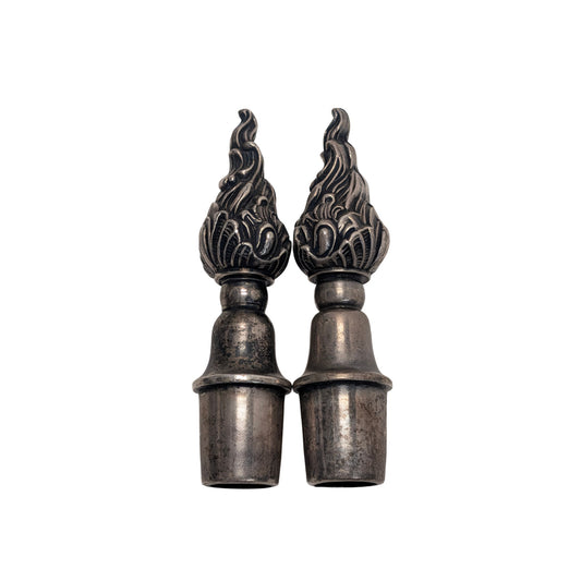 Vintage Hollywood Regency Flame Torch Lamp Finials, Silvered Metal Pair