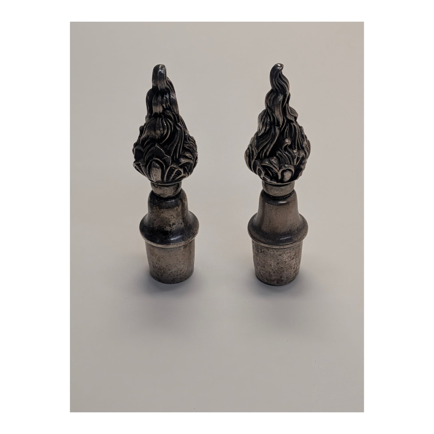 Vintage Hollywood Regency Flame Torch Lamp Finials, Silvered Metal Pair