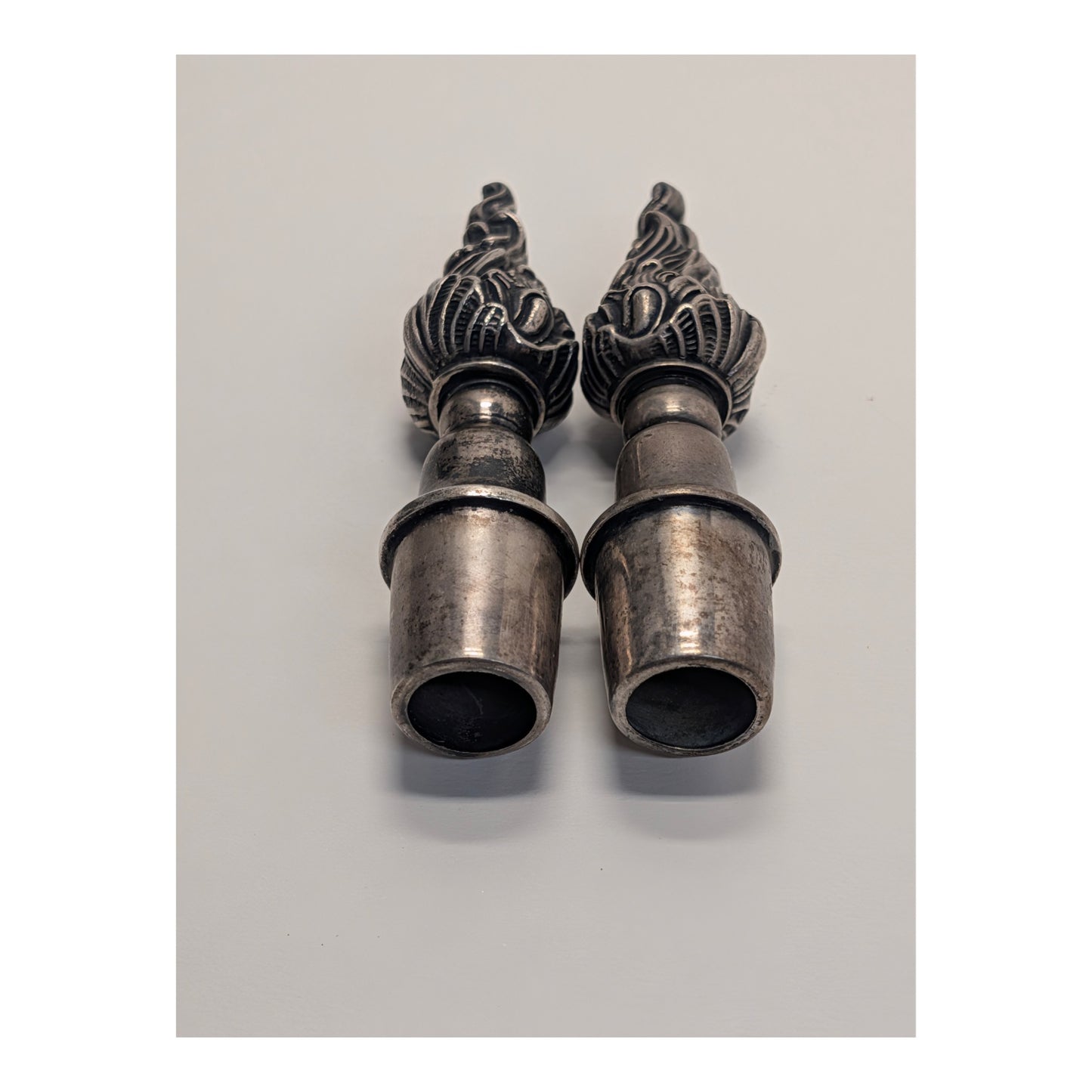 Vintage Hollywood Regency Flame Torch Lamp Finials, Silvered Metal Pair
