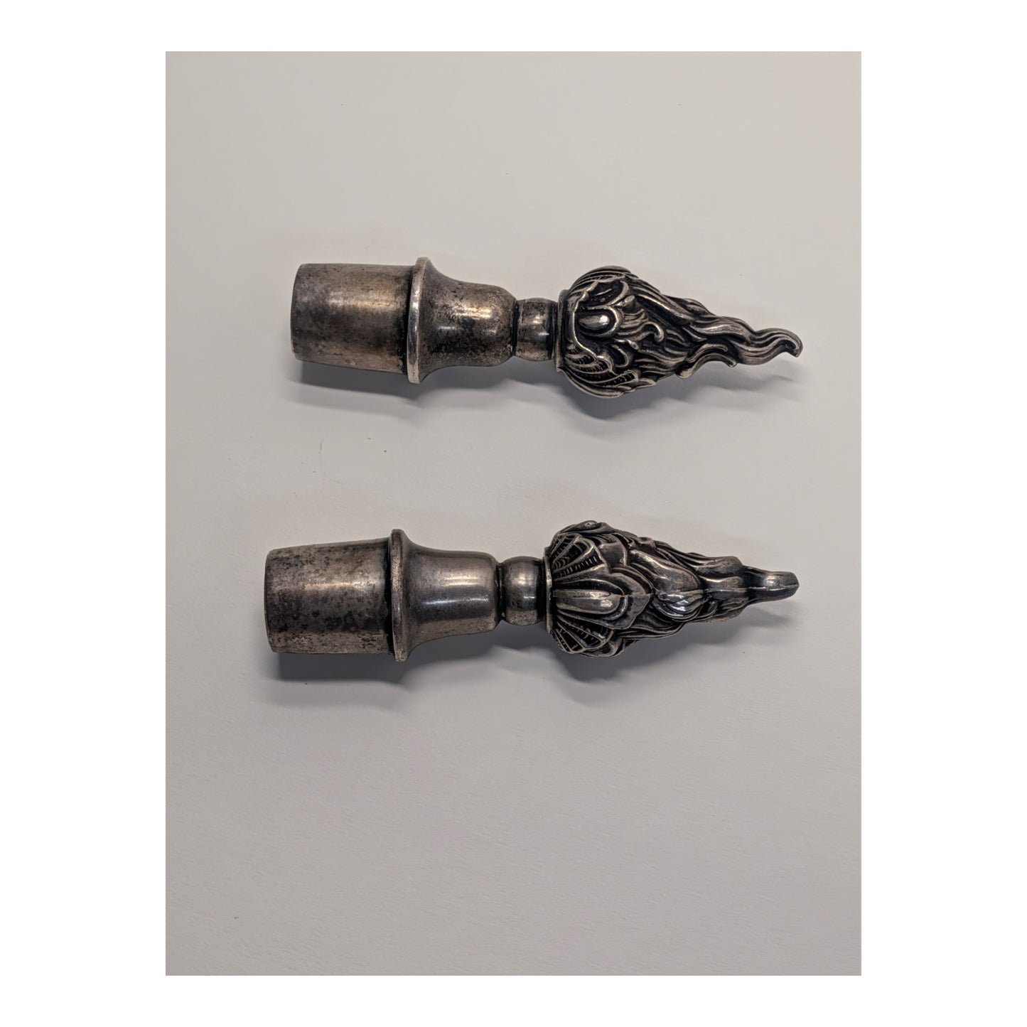 Vintage Hollywood Regency Flame Torch Lamp Finials, Silvered Metal Pair