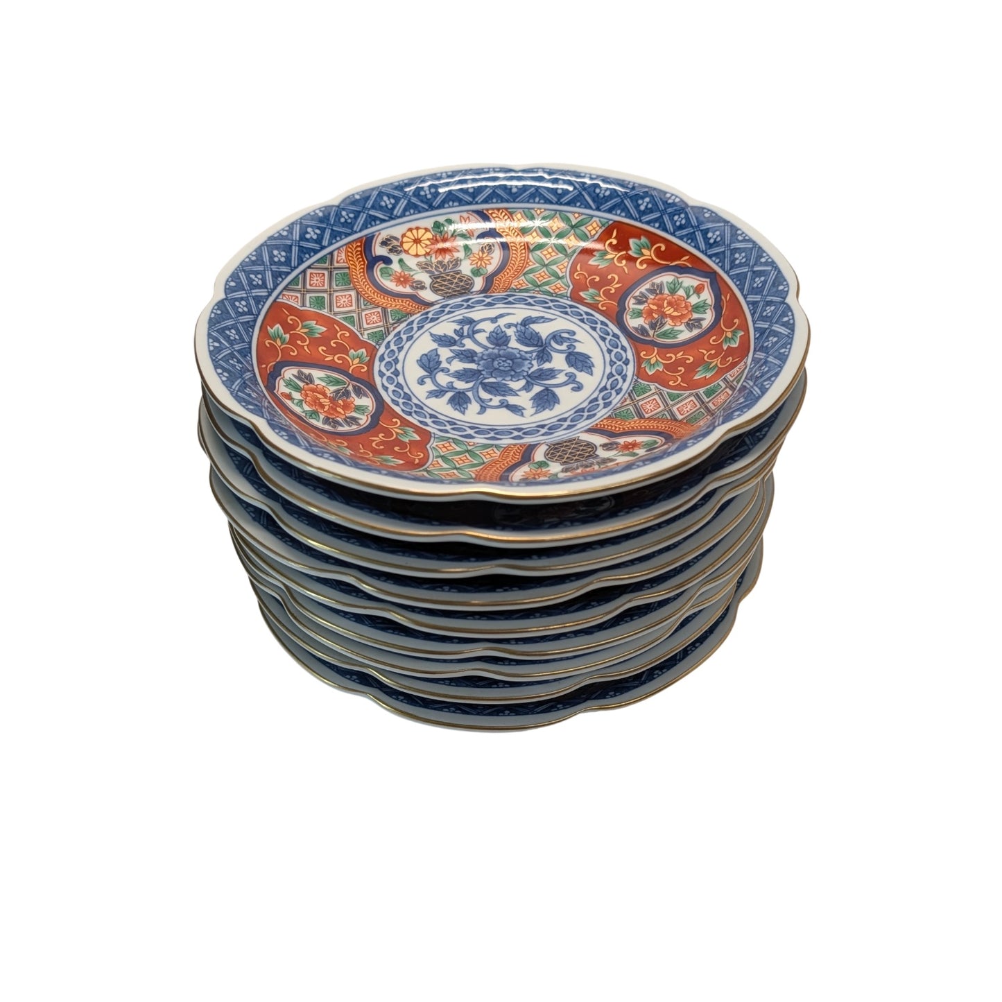 Set of 9 Vintage Japanese Imari Porcelain Bowls Fuki Choshun Mark Gilt Rims