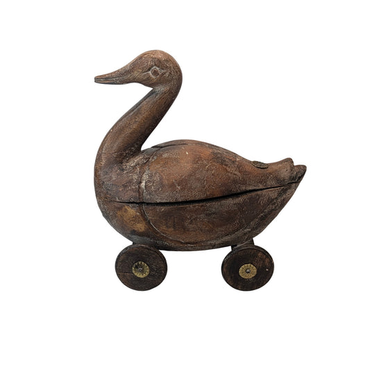 Vintage Hand Carved Wooden Rolling Duck Lidded Box Folk Art Sculpture