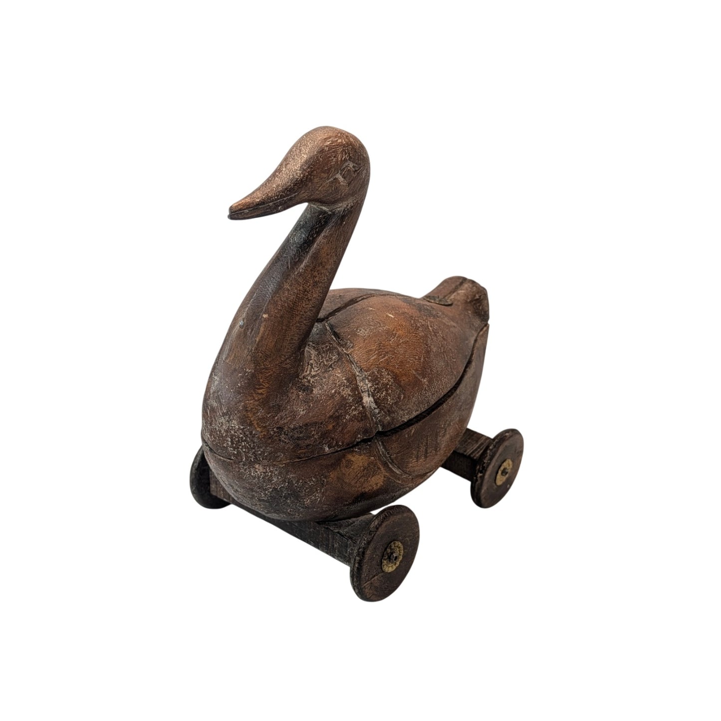 Vintage Hand Carved Wooden Rolling Duck Lidded Box Folk Art Sculpture