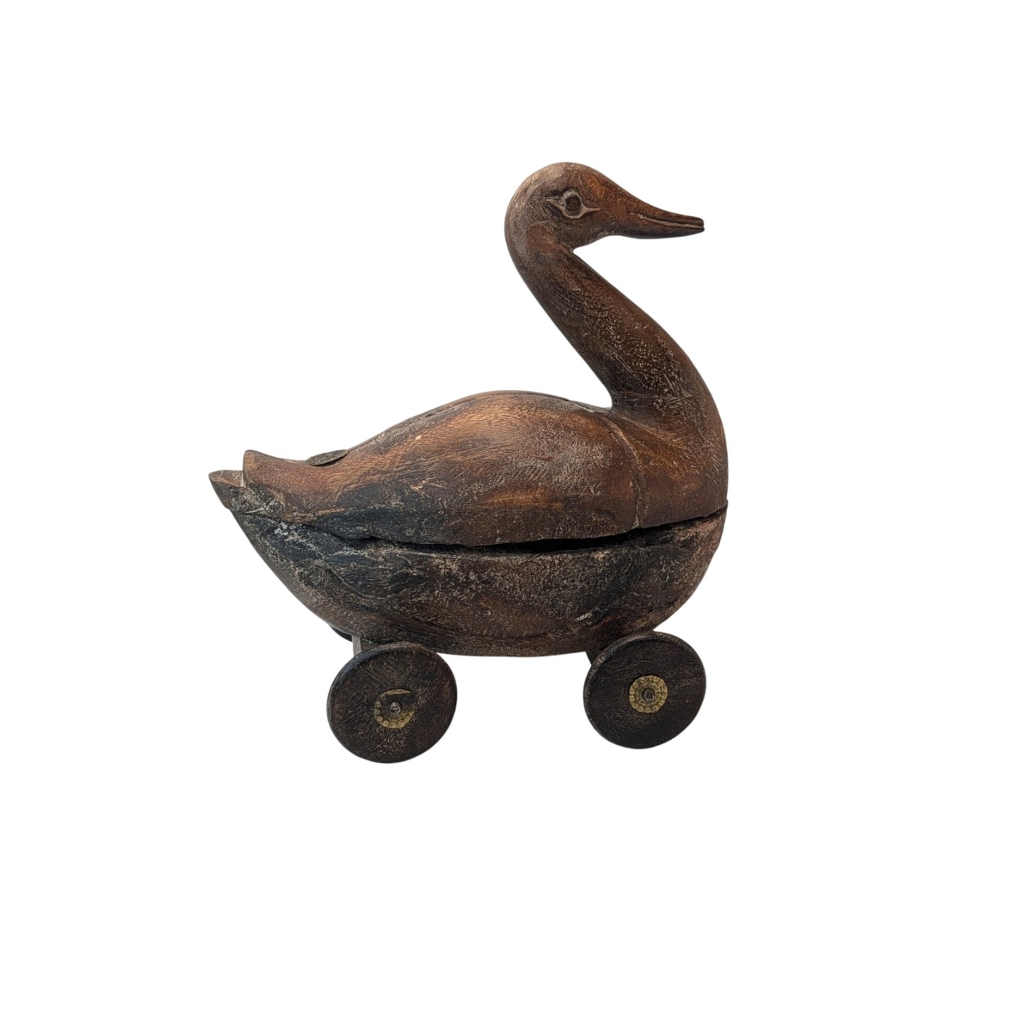 Vintage Hand Carved Wooden Rolling Duck Lidded Box Folk Art Sculpture