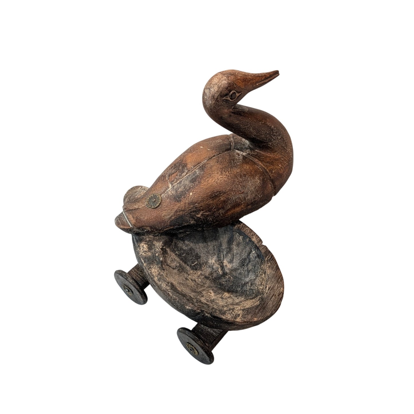Vintage Hand Carved Wooden Rolling Duck Lidded Box Folk Art Sculpture