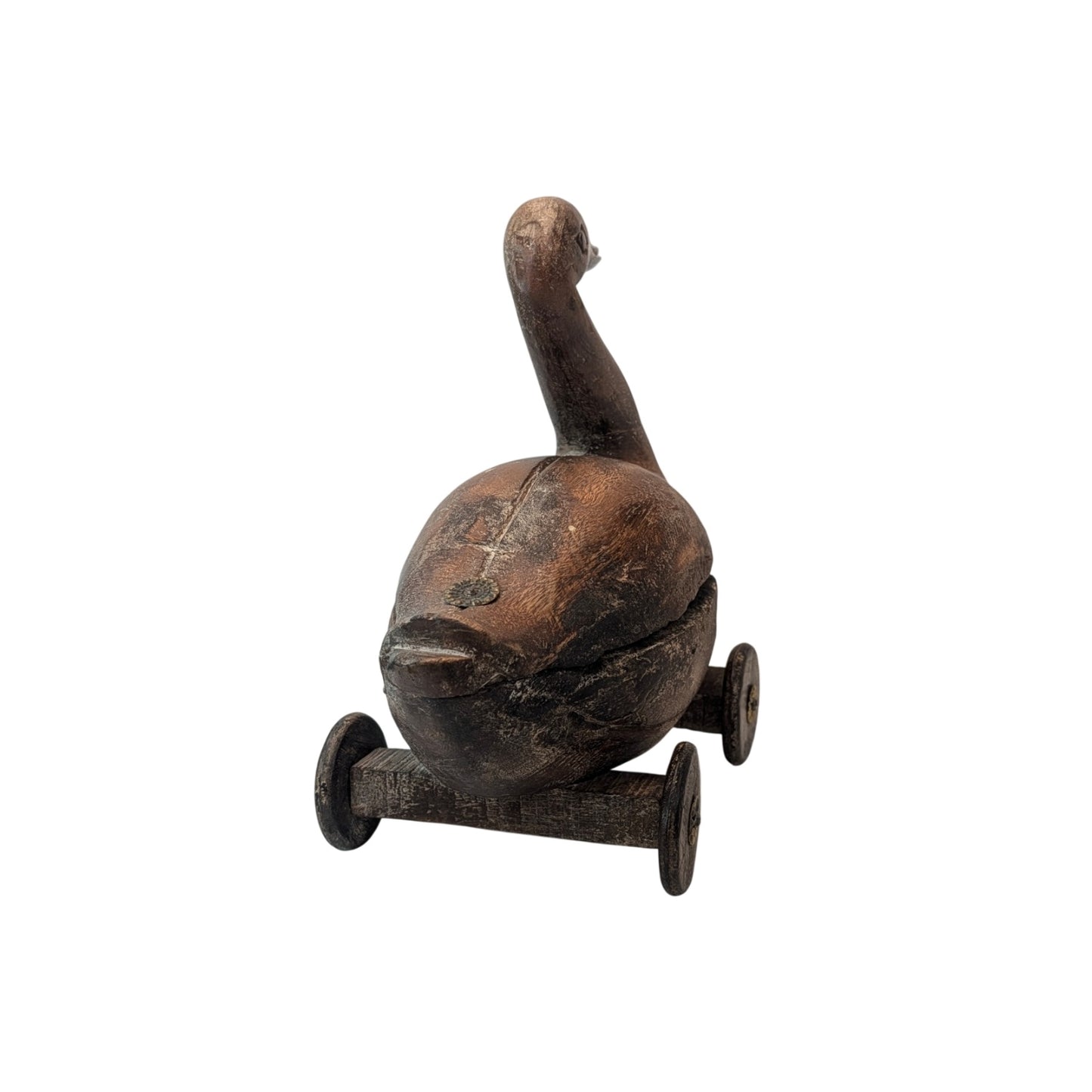 Vintage Hand Carved Wooden Rolling Duck Lidded Box Folk Art Sculpture