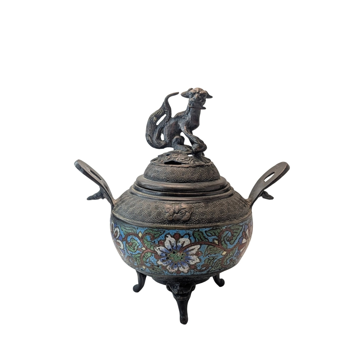 Antique Chinese Bronze Cloisonne Censer Foo Dog Incense Burner