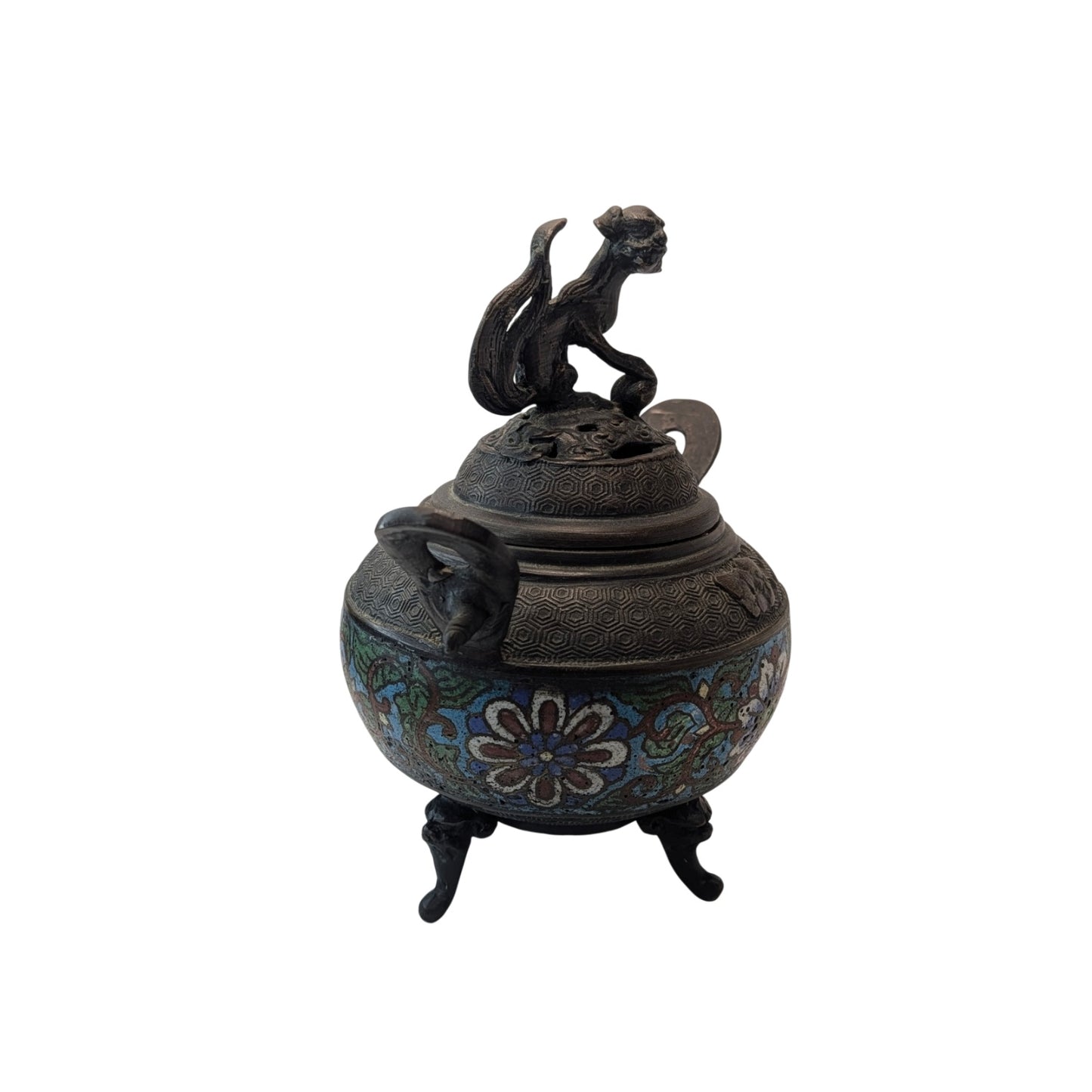 Antique Chinese Bronze Cloisonne Censer Foo Dog Incense Burner