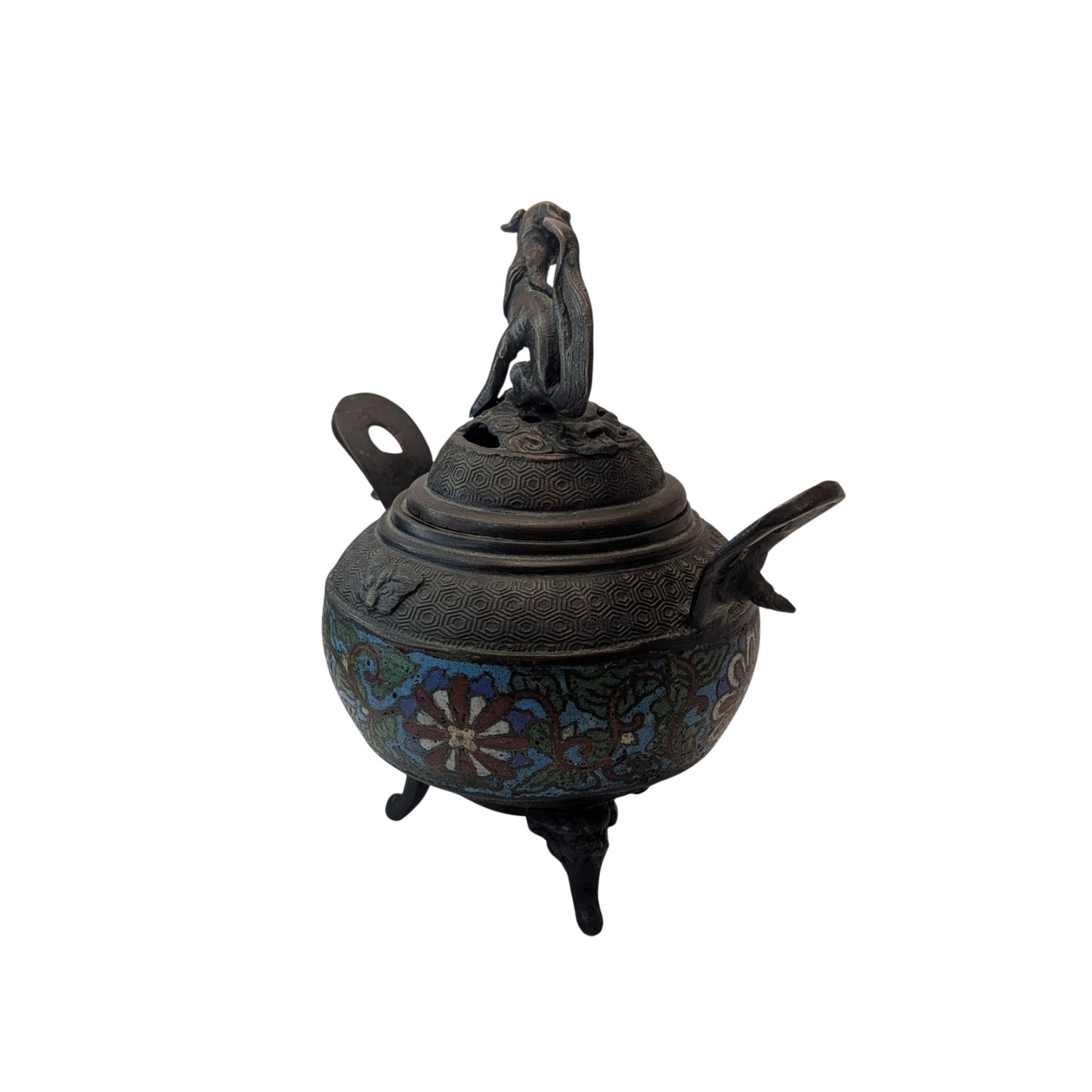 Antique Chinese Bronze Cloisonne Censer Foo Dog Incense Burner