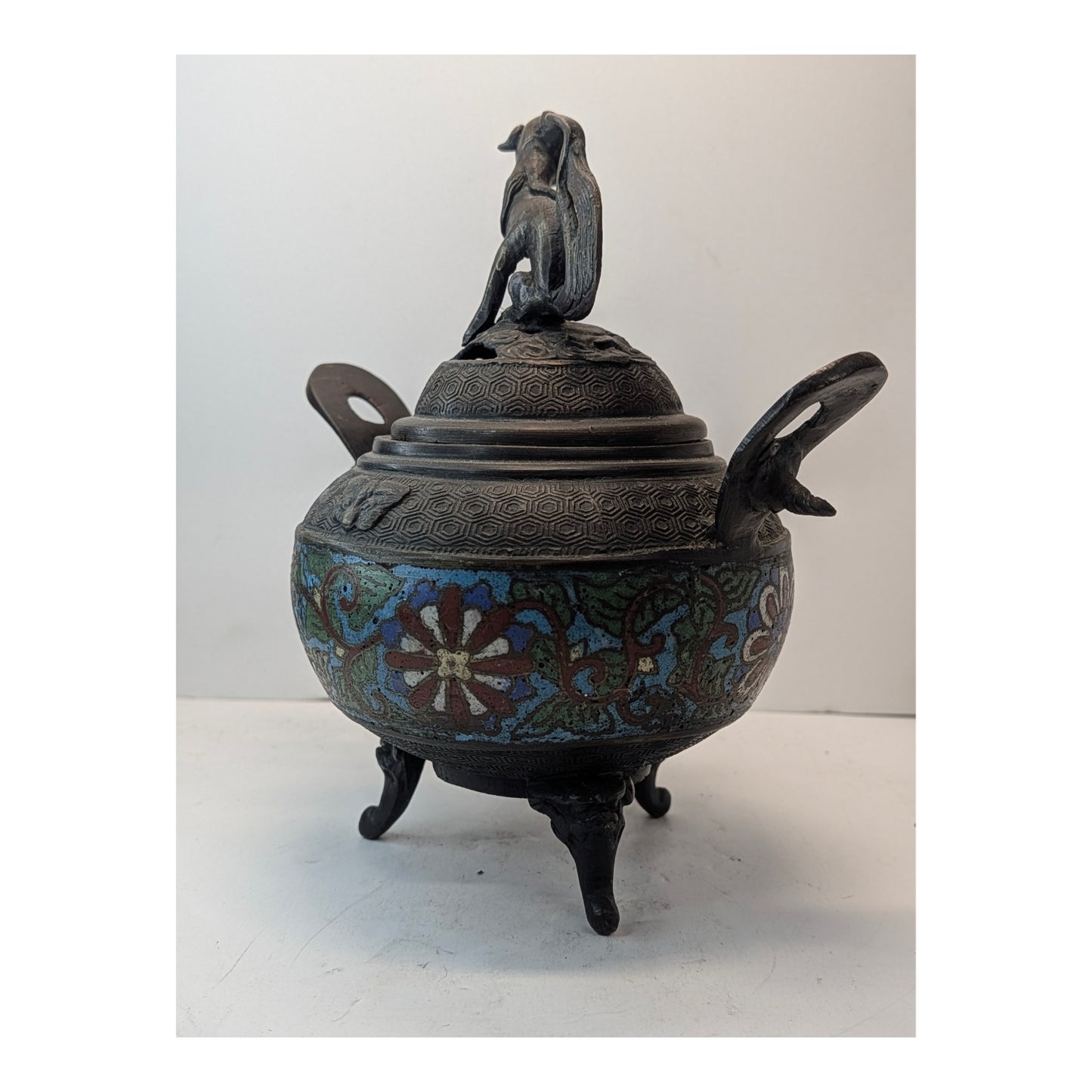Antique Chinese Bronze Cloisonne Censer Foo Dog Incense Burner