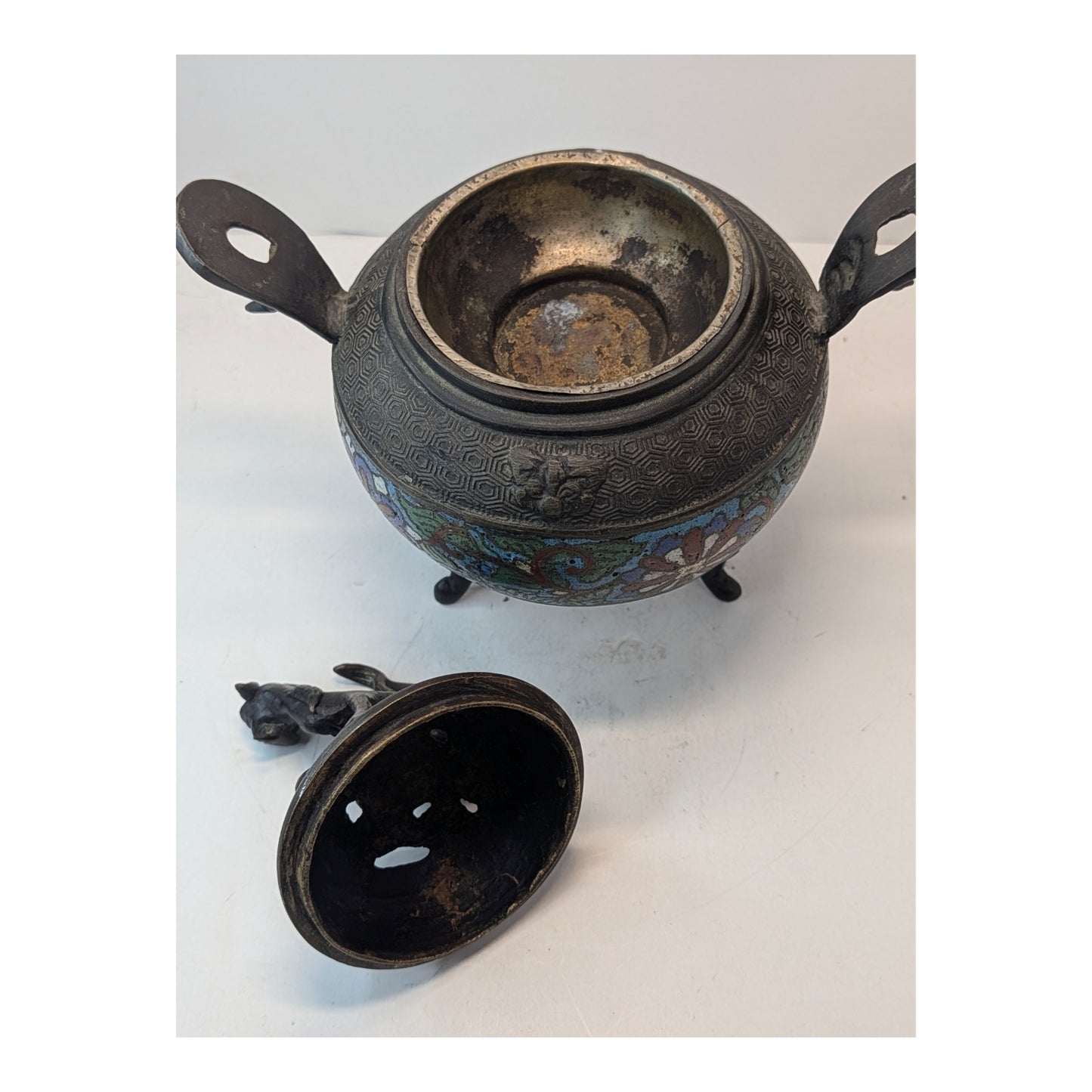 Antique Chinese Bronze Cloisonne Censer Foo Dog Incense Burner