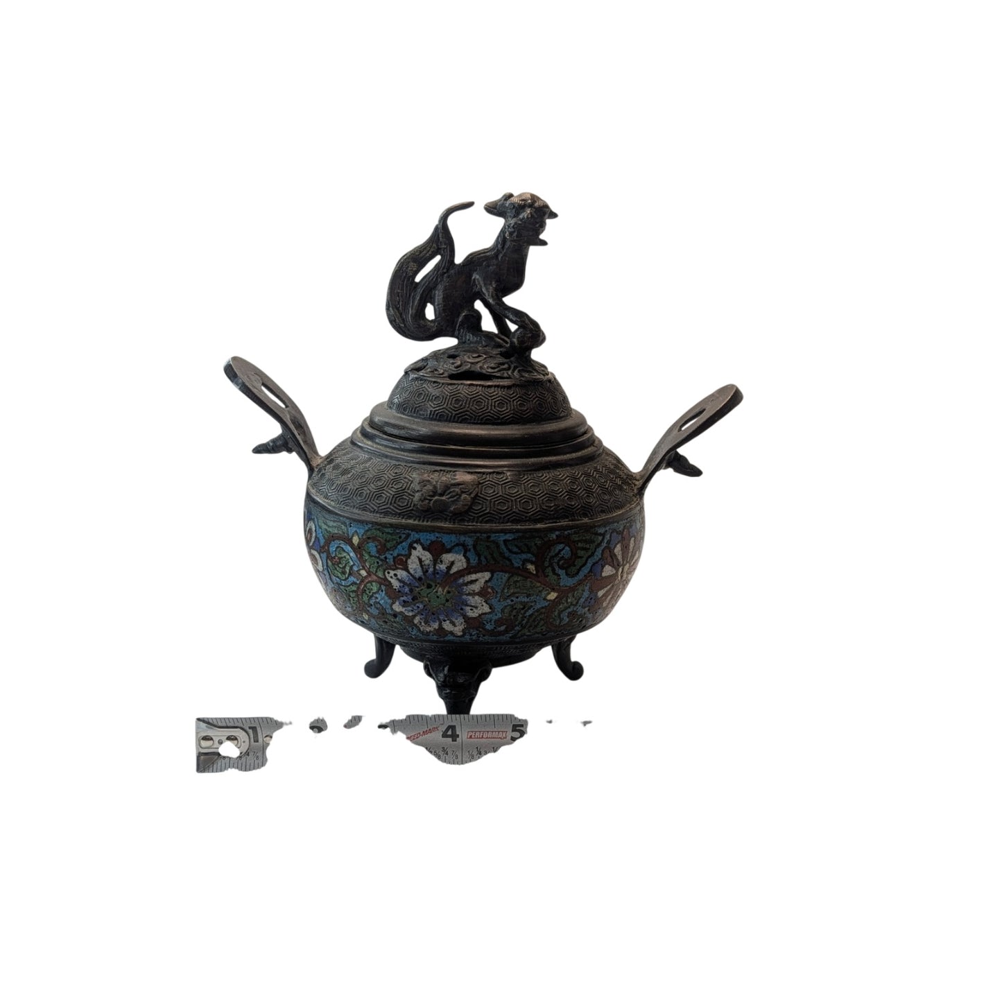 Antique Chinese Bronze Cloisonne Censer Foo Dog Incense Burner