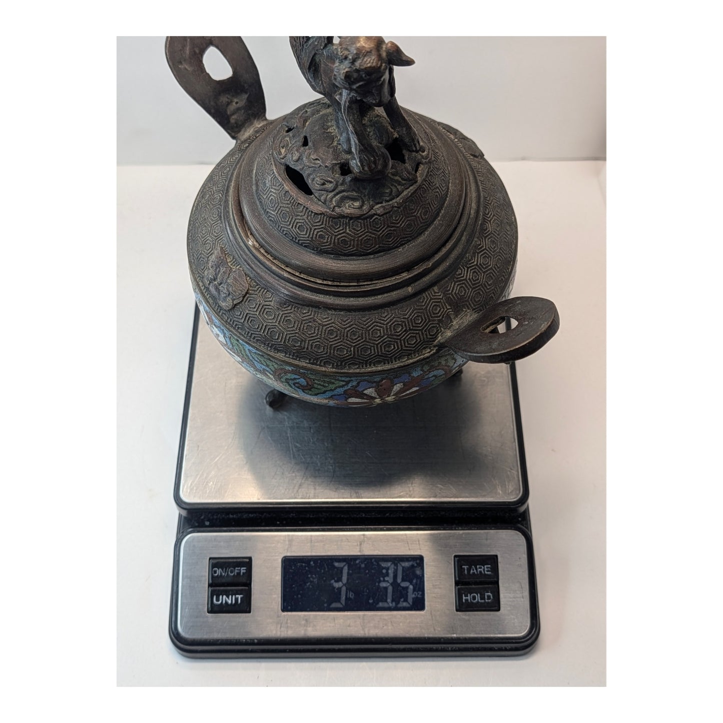 Antique Chinese Bronze Cloisonne Censer Foo Dog Incense Burner