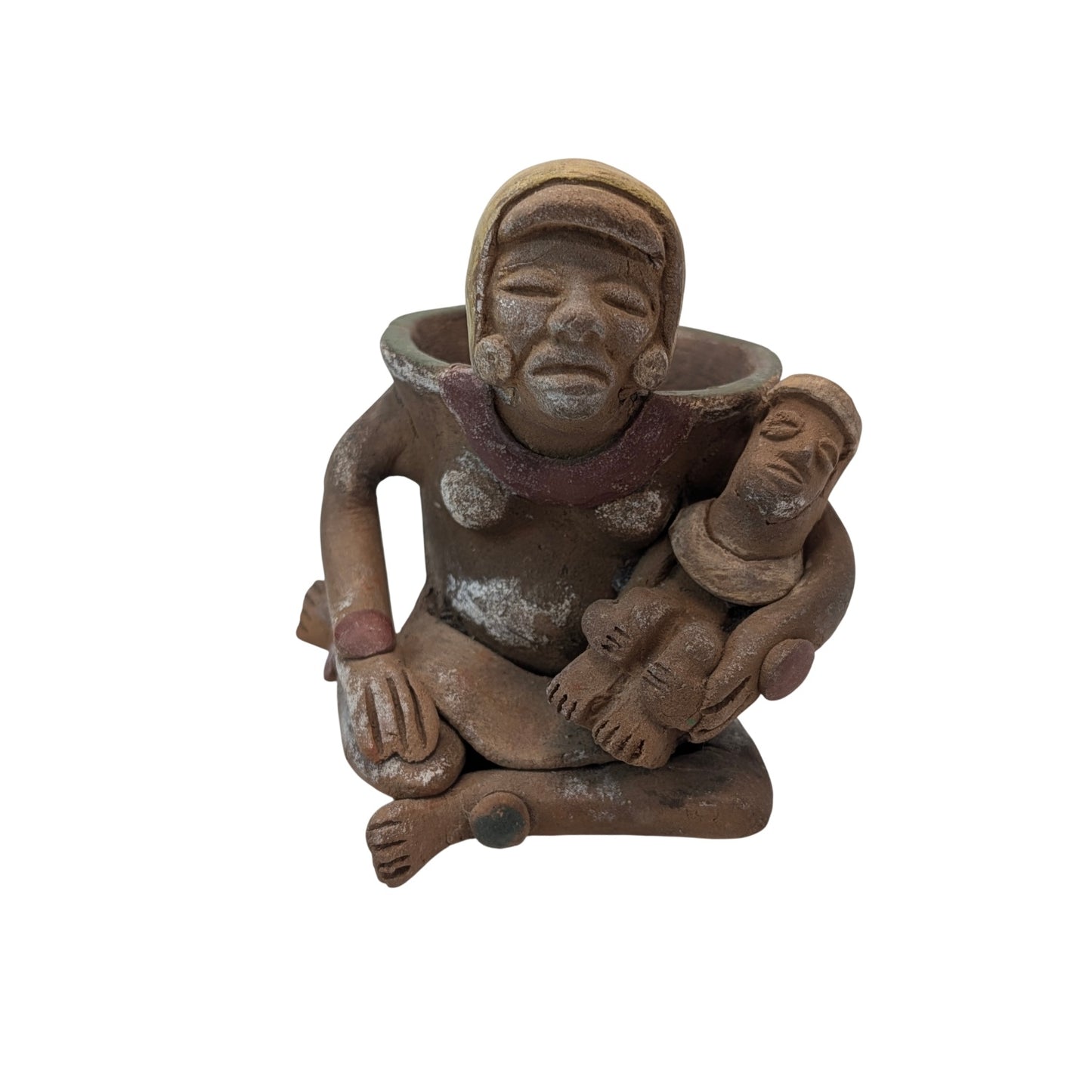 Vintage Pre-Columbian Style Terracotta Mother & Child Effigy Pot Sculpture