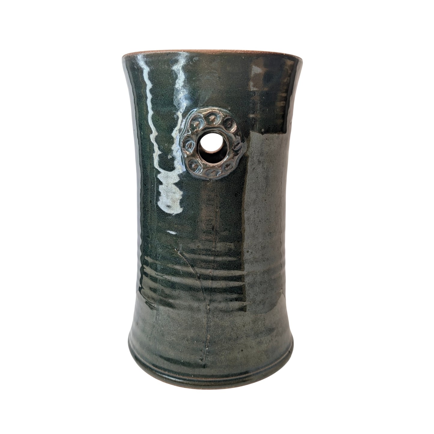 Leah Leitson Signed Studio Pottery Vase Dark Glaze Ring Handles