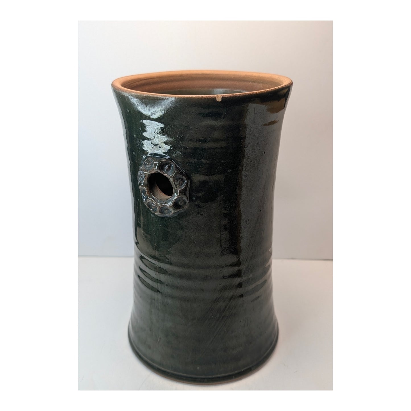 Leah Leitson Signed Studio Pottery Vase Dark Glaze Ring Handles