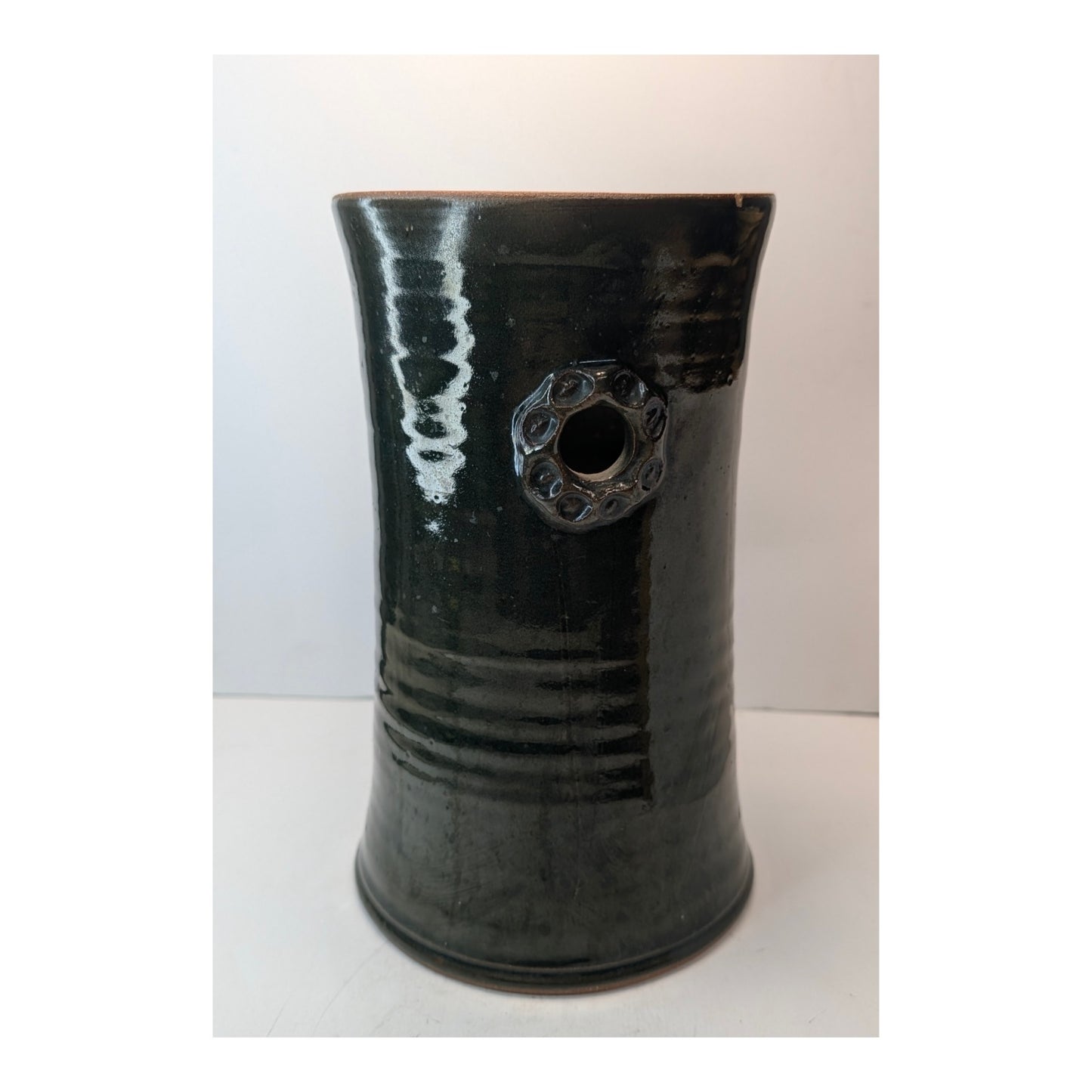 Leah Leitson Signed Studio Pottery Vase Dark Glaze Ring Handles