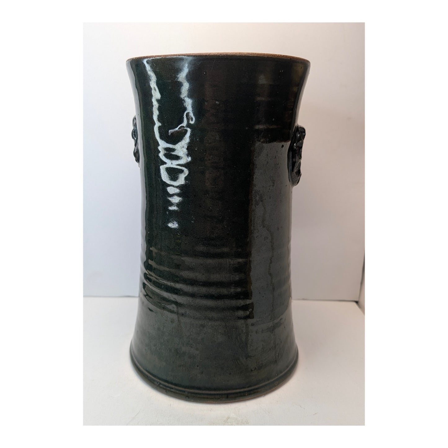 Leah Leitson Signed Studio Pottery Vase Dark Glaze Ring Handles