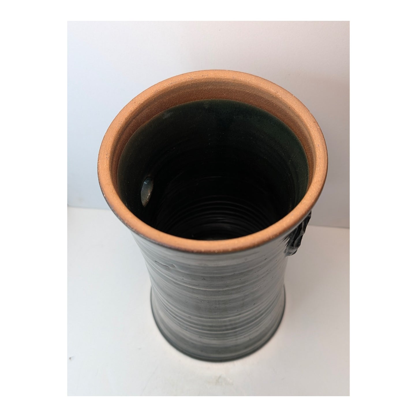 Leah Leitson Signed Studio Pottery Vase Dark Glaze Ring Handles