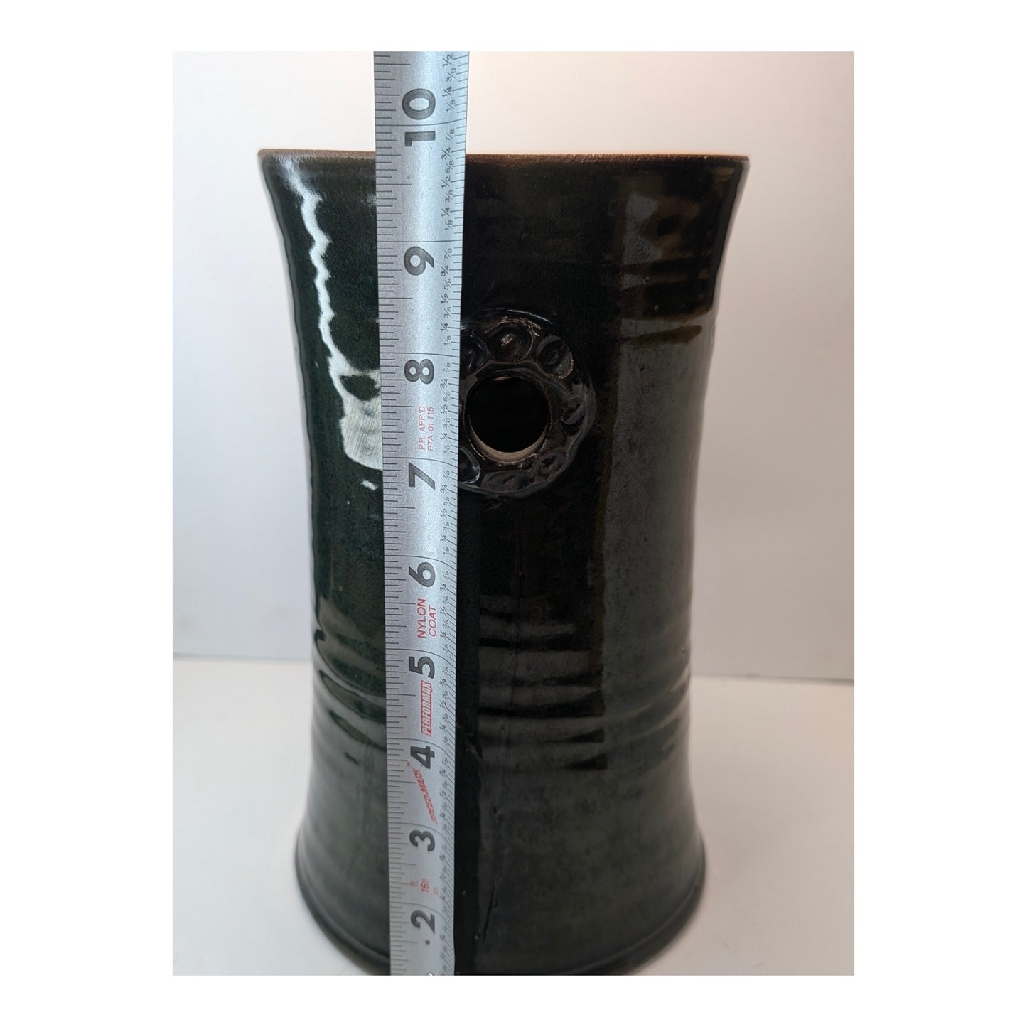 Leah Leitson Signed Studio Pottery Vase Dark Glaze Ring Handles