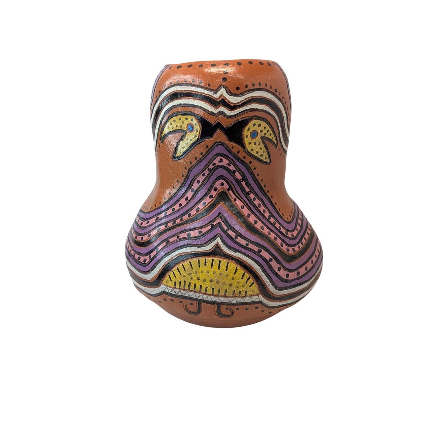 Signed Studio Art Pottery Vase Hand-Painted Terracotta Folk Art Gourd Shape