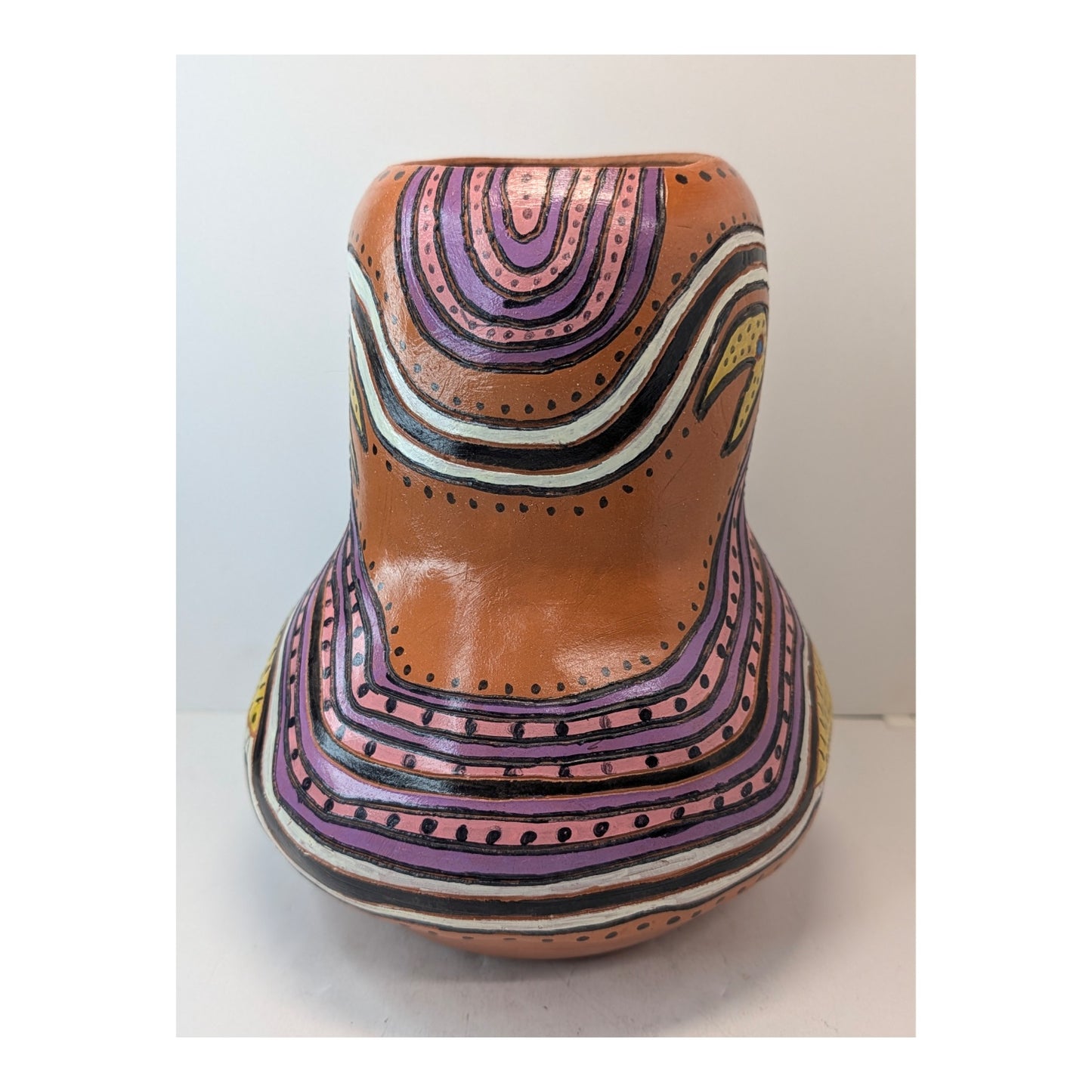 Signed Studio Art Pottery Vase Hand-Painted Terracotta Folk Art Gourd Shape