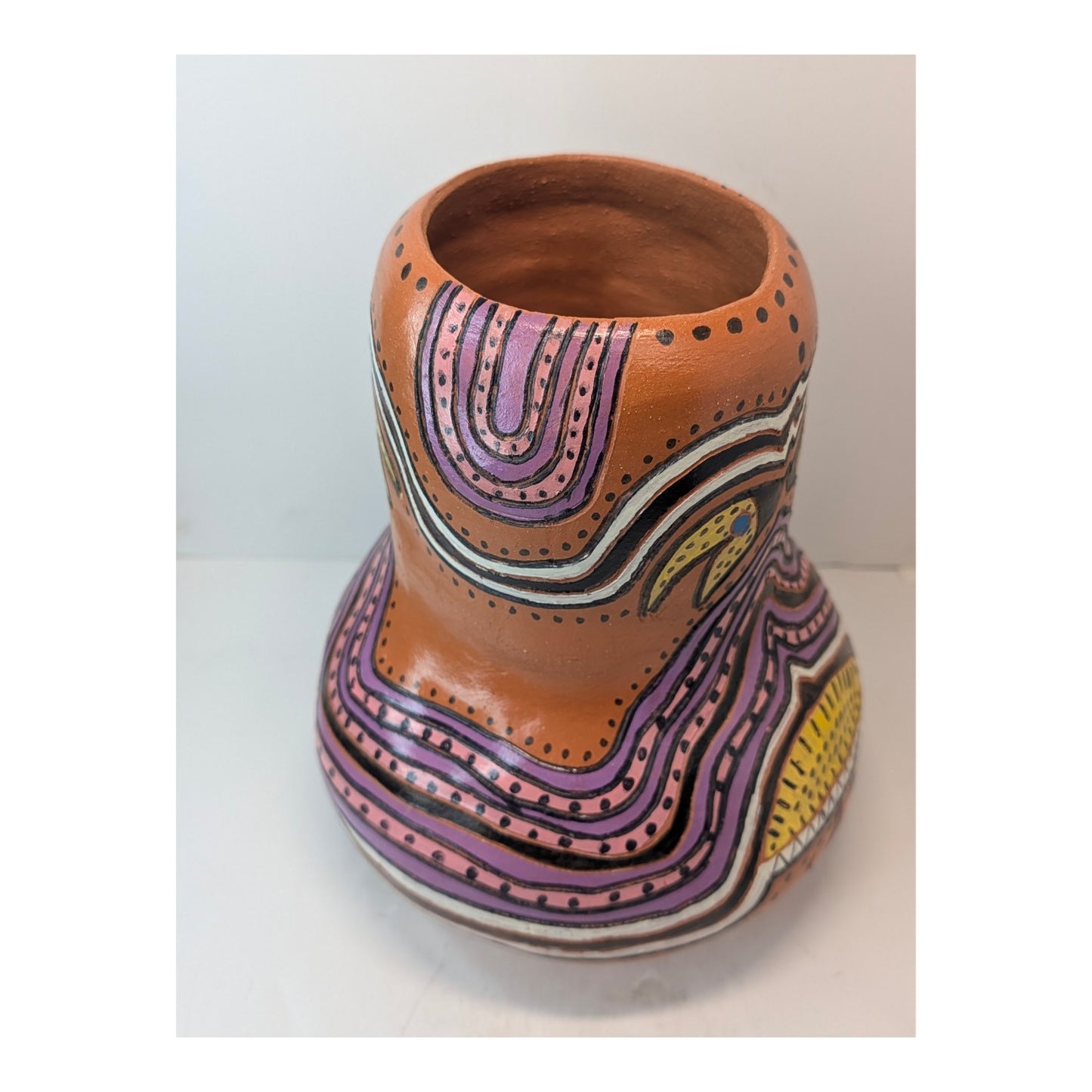Signed Studio Art Pottery Vase Hand-Painted Terracotta Folk Art Gourd Shape