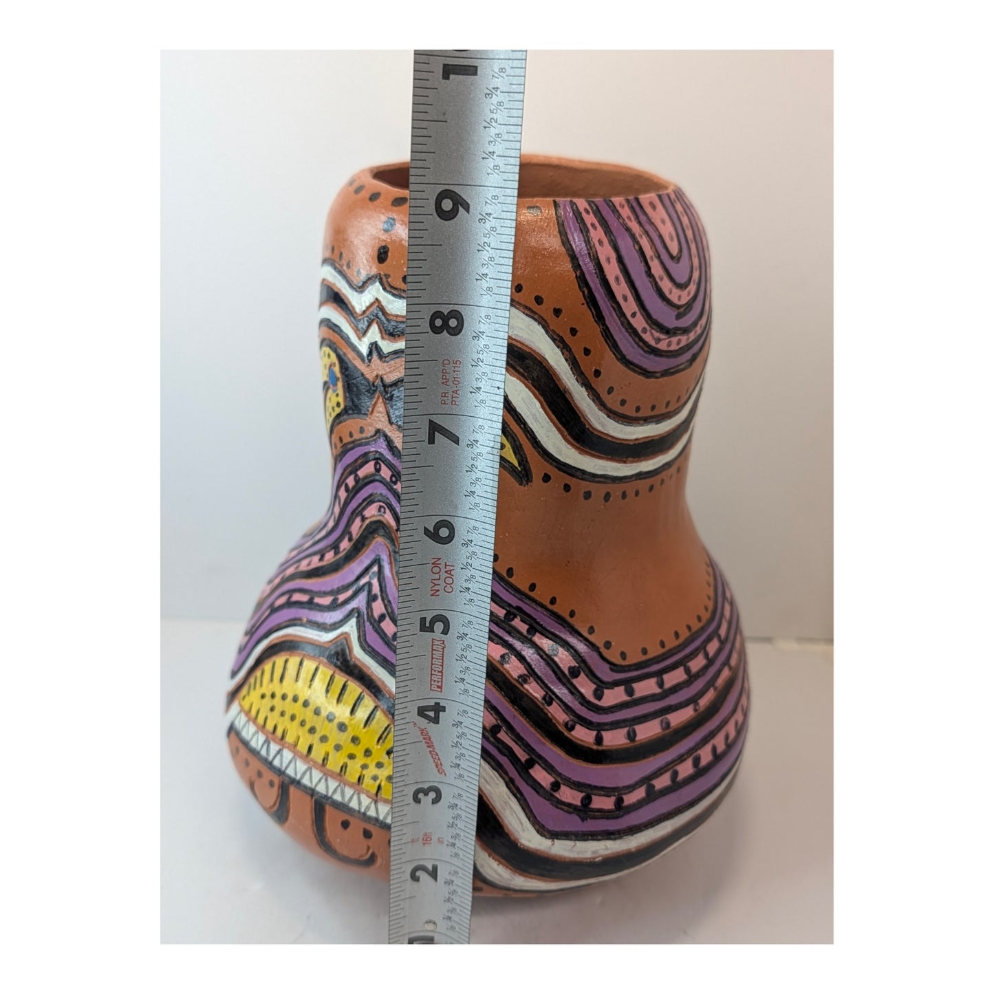 Signed Studio Art Pottery Vase Hand-Painted Terracotta Folk Art Gourd Shape