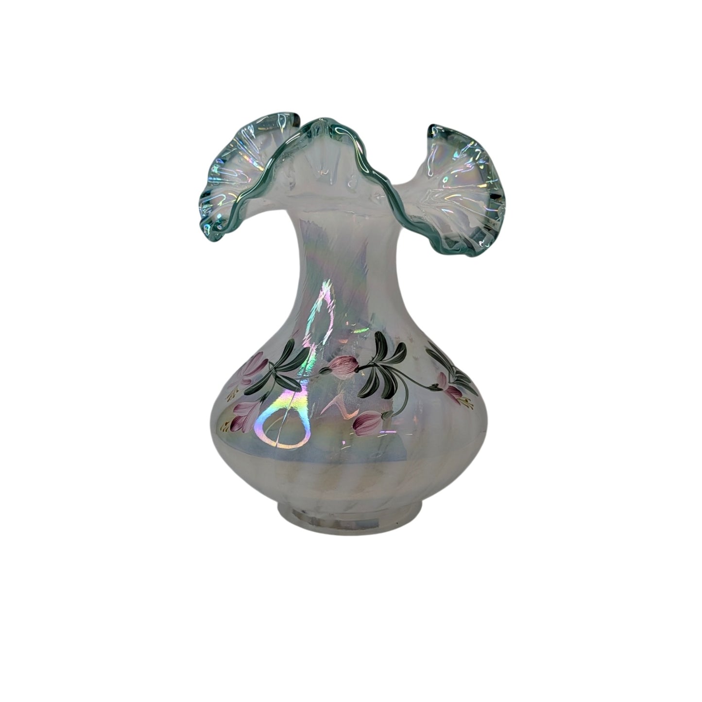 Vintage Fenton Iridescent Art Glass Vase Signed Hand Painted Floral Ruffle Rim