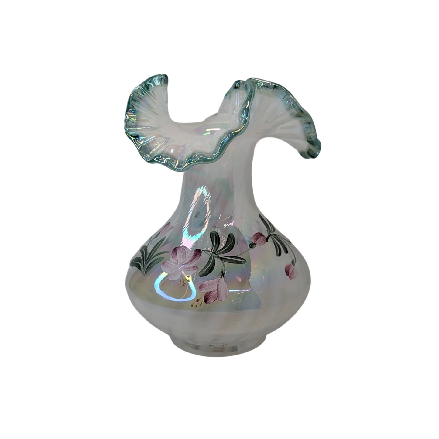 Vintage Fenton Iridescent Art Glass Vase Signed Hand Painted Floral Ruffle Rim