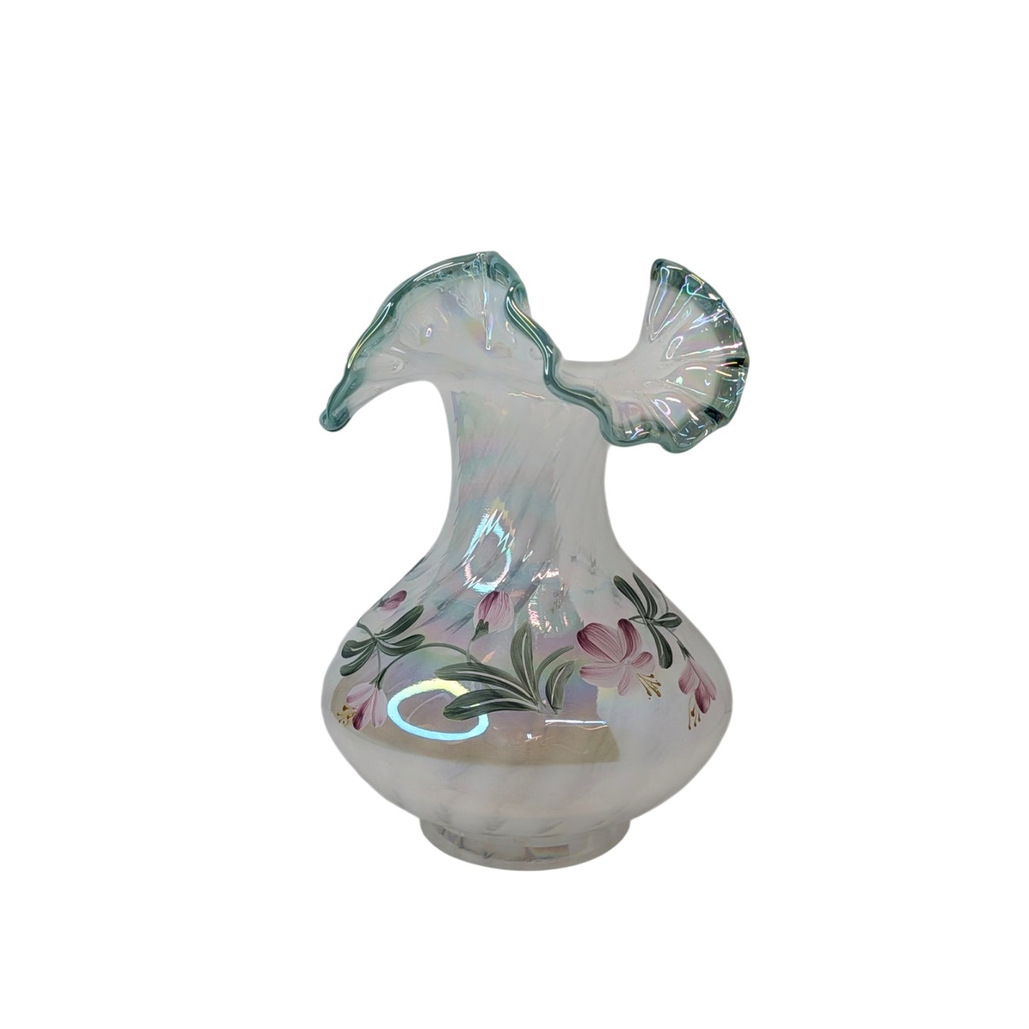 Vintage Fenton Iridescent Art Glass Vase Signed Hand Painted Floral Ruffle Rim