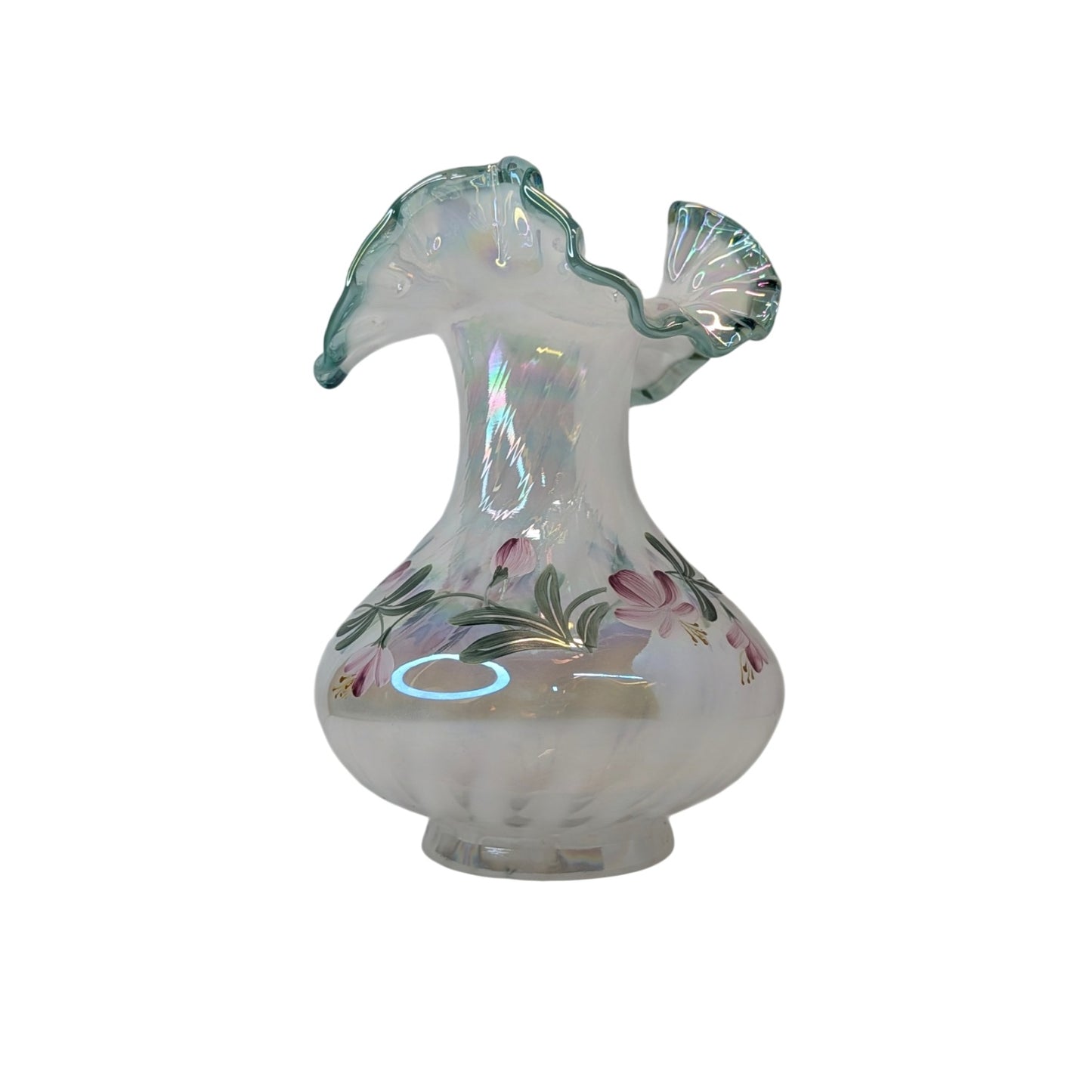 Vintage Fenton Iridescent Art Glass Vase Signed Hand Painted Floral Ruffle Rim