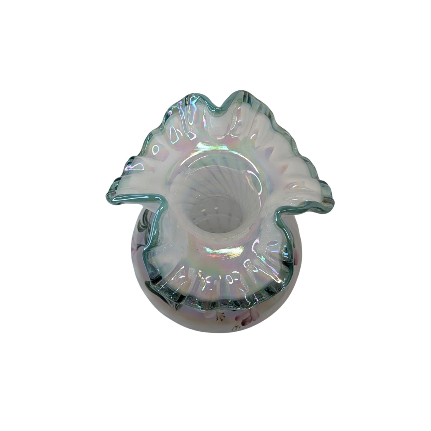Vintage Fenton Iridescent Art Glass Vase Signed Hand Painted Floral Ruffle Rim