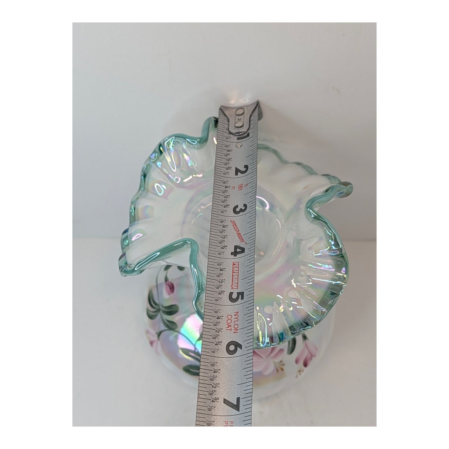 Vintage Fenton Iridescent Art Glass Vase Signed Hand Painted Floral Ruffle Rim