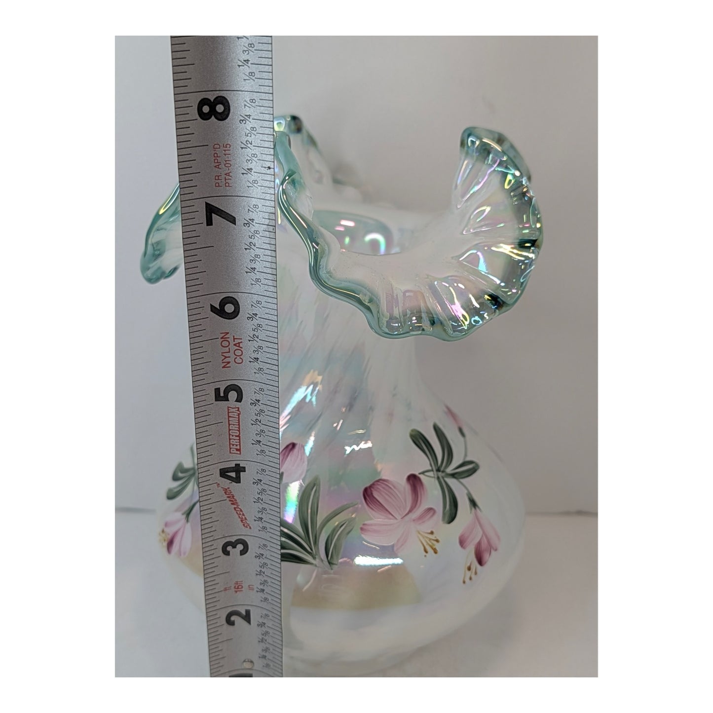 Vintage Fenton Iridescent Art Glass Vase Signed Hand Painted Floral Ruffle Rim
