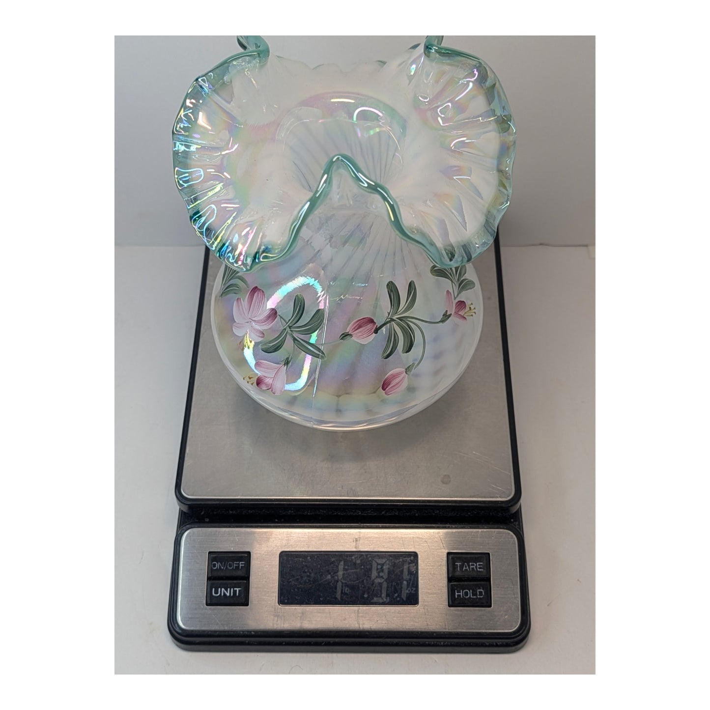 Vintage Fenton Iridescent Art Glass Vase Signed Hand Painted Floral Ruffle Rim