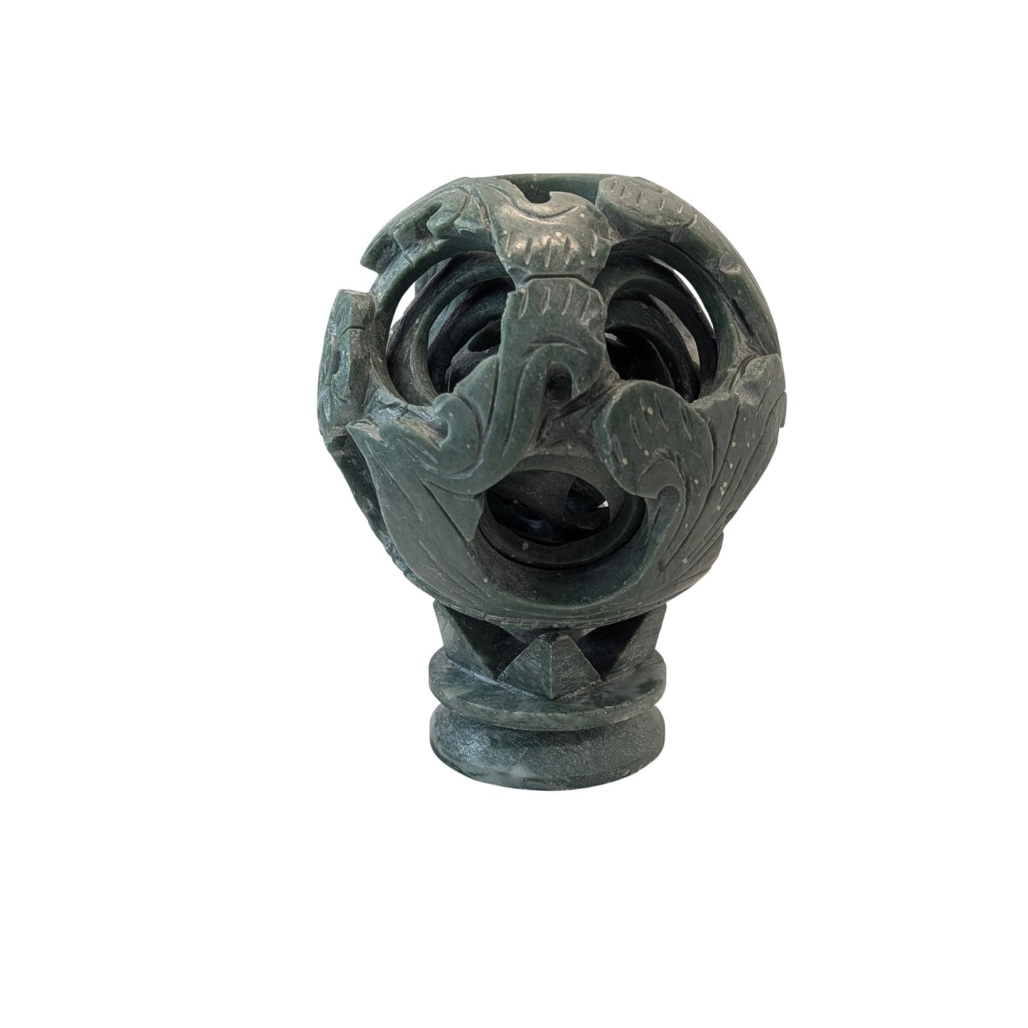 Vintage Carved Green Soapstone Chinese Puzzle Ball Sculpture